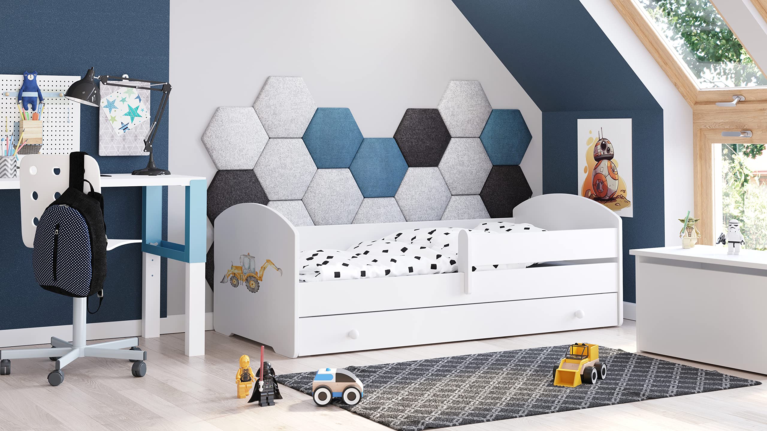KOBI LUK - Cama infantil (160 x 80 cm), color blanco y blanco con almacenamiento con cajón, 160 x 80 cm | Cama infantil pequeña con camas para niños | con colchón y marco | Habitación Bebe | Cama