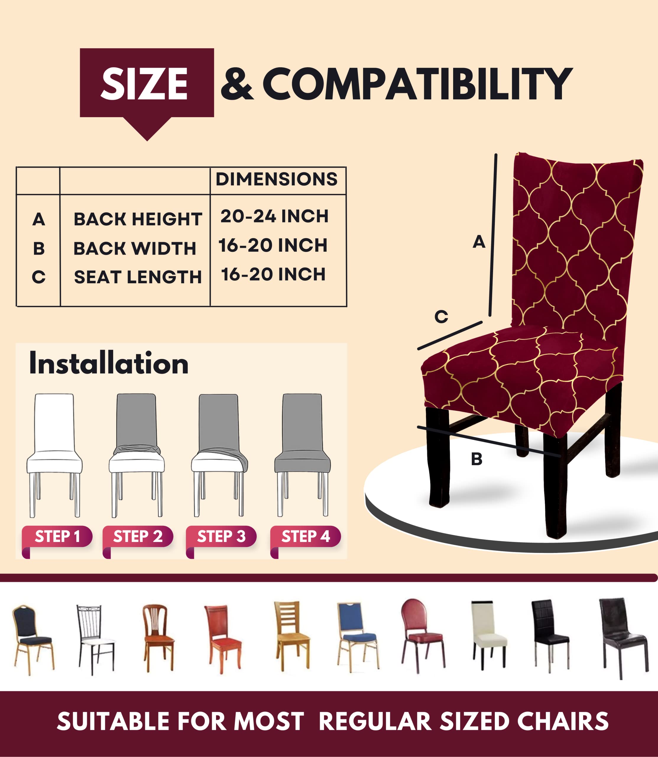 BRIDA® Stretchable Floral Geometric Printed Dining Chair Covers Set of 4 Seater Elastic Chair Seat Case Protector, Slipcovers (4 Chair Cover, Maroon Diamond),Polyester;Polyester Blend 1