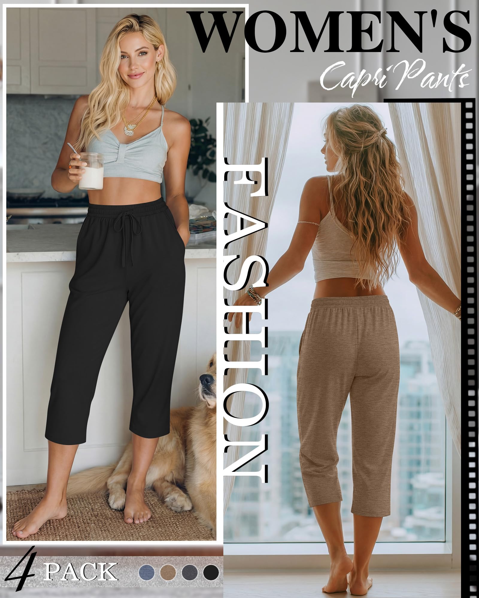 Neer Lot de 4 Pantalons Capri à Jambes Larges pour Femme - Pantalon de Yoga avec Cordon de Serrage - Coupe Ample - avec Poches