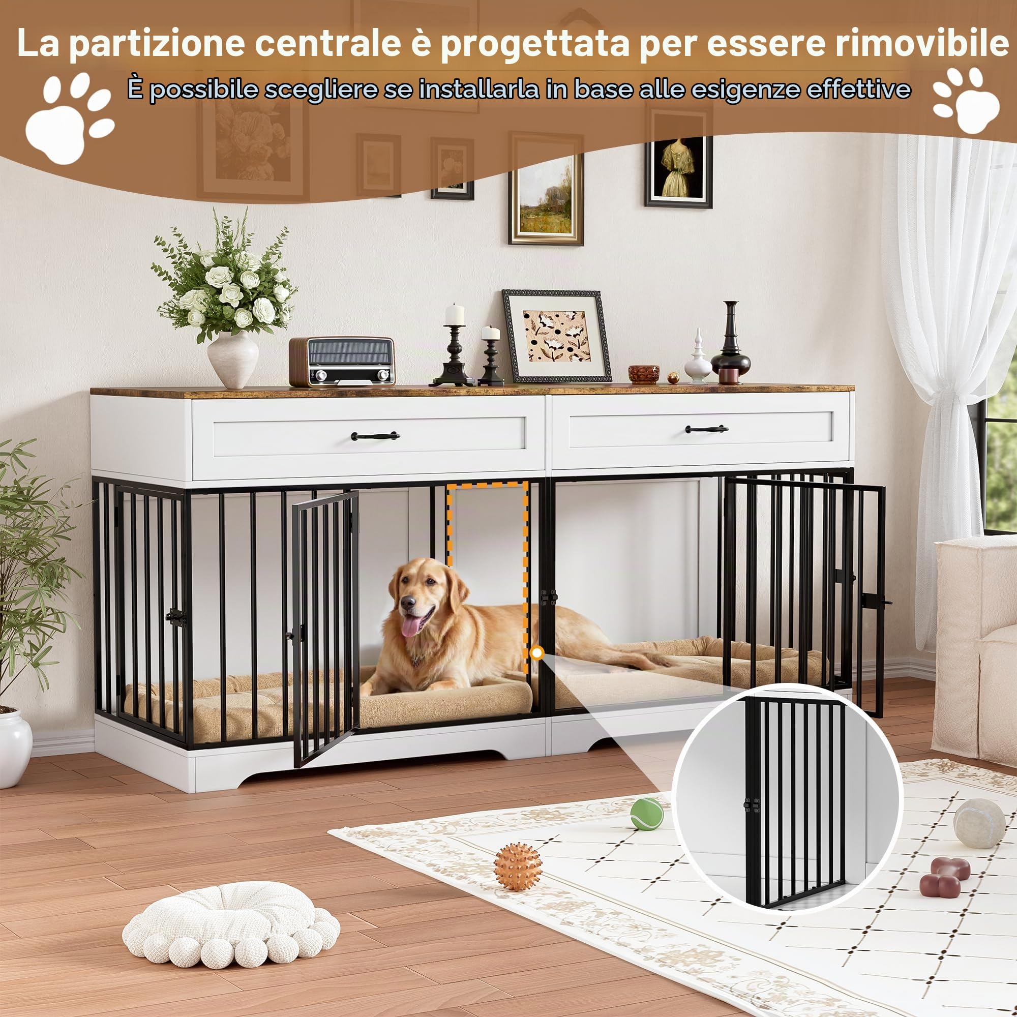 Gabbia per Cani Kennel, Casetta per Cani da Interno, 178CM Gabbietta per Animali in Legno e Metallo, XXL Cuccia Robusta per Dog con Divisorio & 2 Cassetti,Casetta per Animali,4 Porte,Fino a 100KG