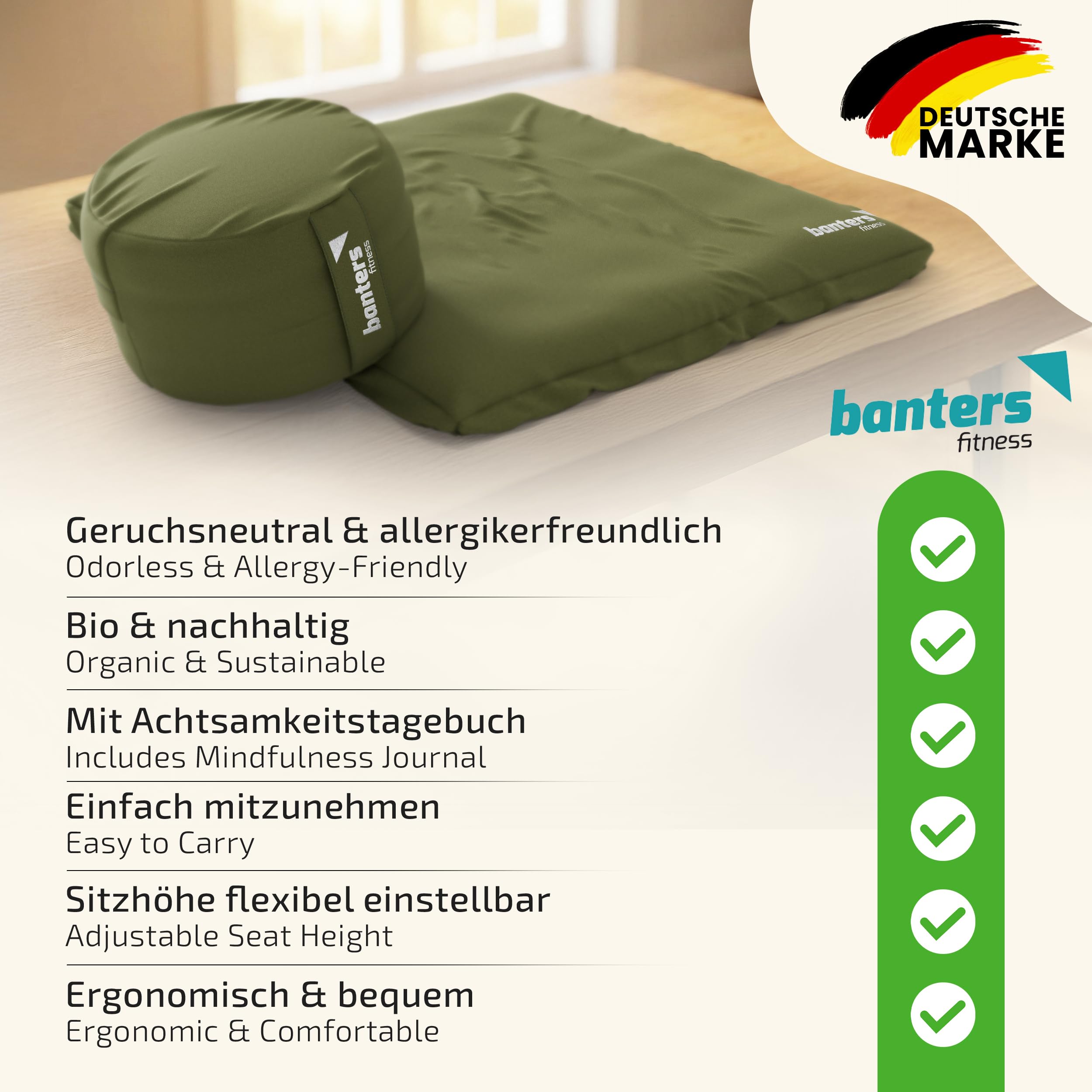 banters Meditationskissen-Set Zafu & Zabuton, Kapok, Bio-Baumwolle, Soft | 3-teilig, Zafu Ø 35 cm/20 cm Höhe, Zabuton 80x80x6 cm, Kapok-Füllung, waschbare Bezüge, Tragegurt 80 cm, Achtsamkeitstagebuch
