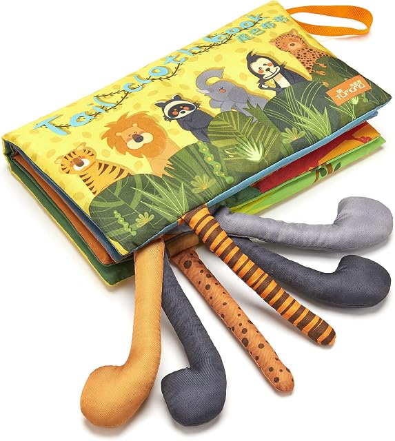 TUMAMA KIDS Cloth Books, Sensory Book Toys Soft 3D Jungle Tails, Squeaker and Crinkle Sound Bath Book Learning 0-3-6-9-12-18M