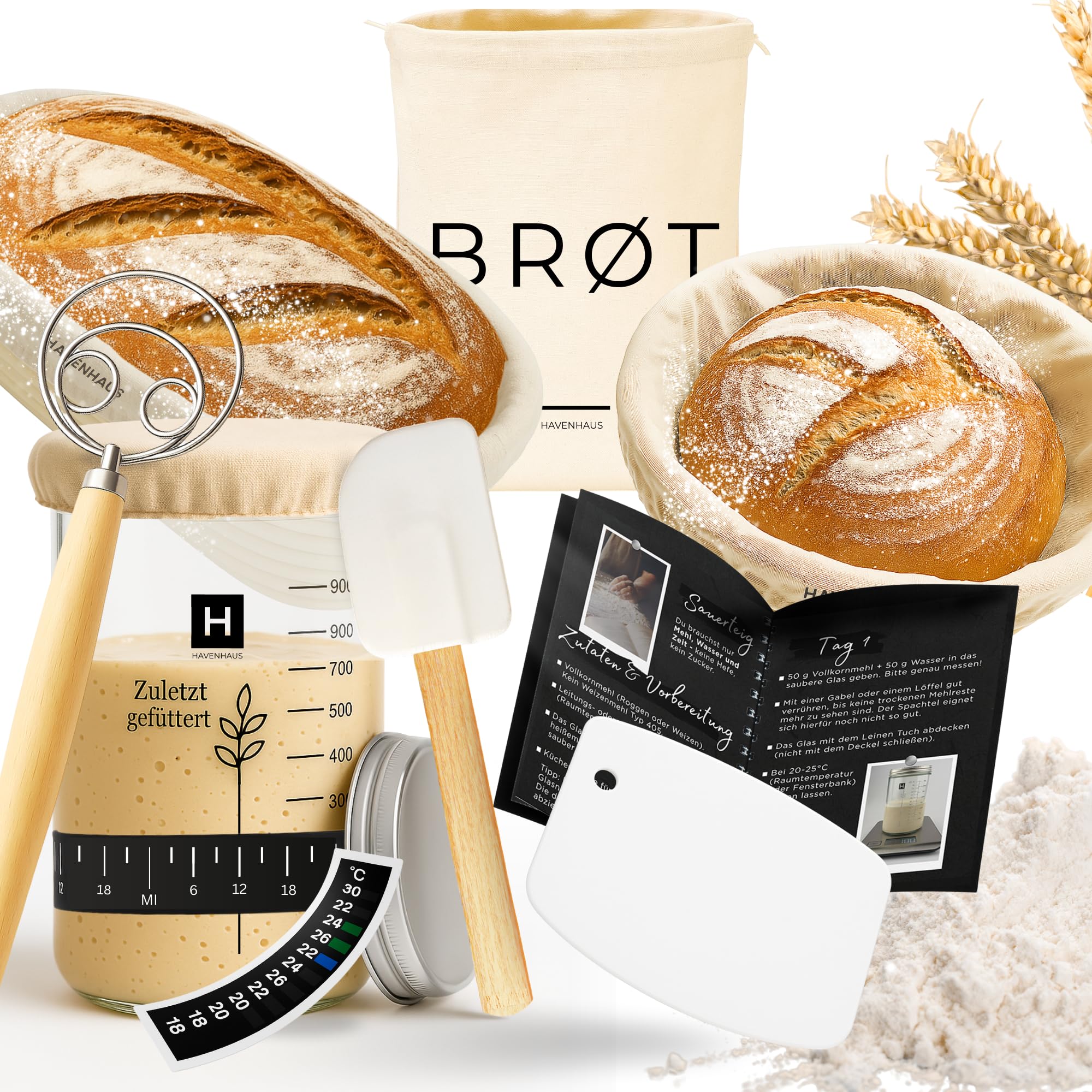 HAVENHAUS Brotbackset XXL | Sauerteig Starter Set mit umfassendem Brot backen Zubehör | inklusive 2x Rattan Gärkorb Brot rund & oval, Sauerteig Zubehör und Dänischer Schneebesen | Brotbackzubehör