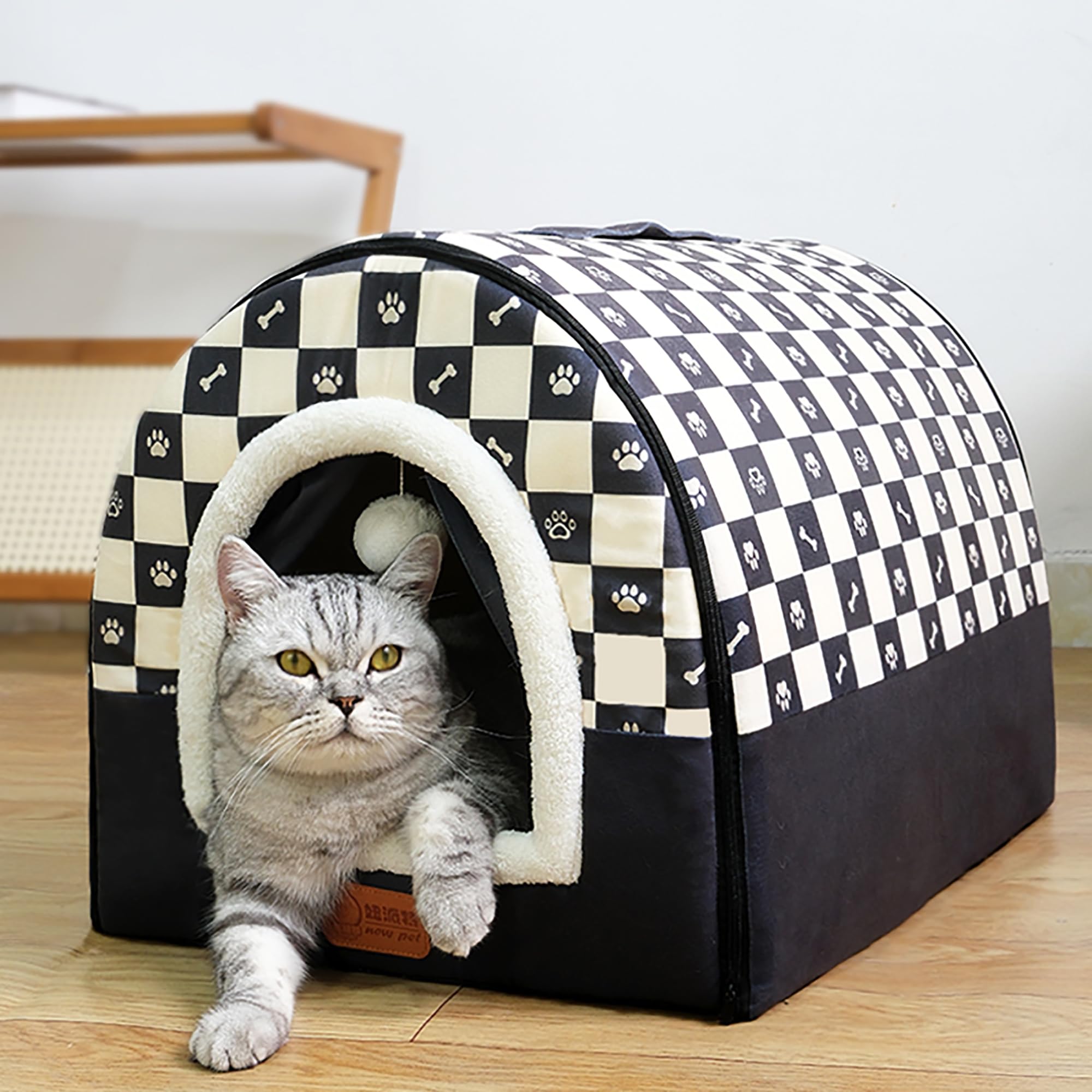 Cuccia multiuso 2 in 1, morbida cuccia per cani e gatti, trasformabile in letto con cuscino caldo e tenda, fodera portatile rimovibile e lavabile (Deluxe, grigio a quadri, grande)