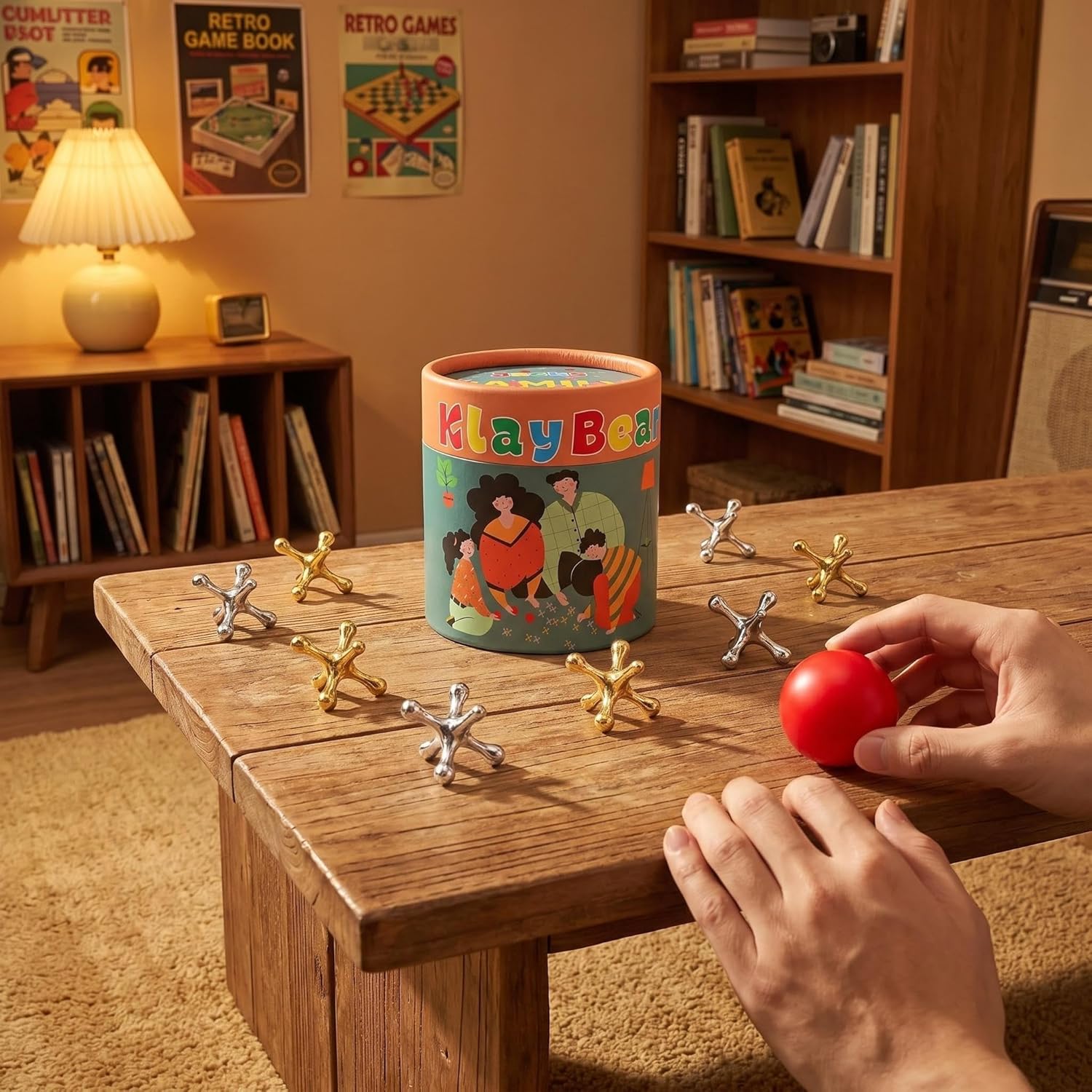 Jacks Game with Ball, Retro Vintage Jax Game for Kids and Adults, Classic Board Games with 10 Metal Jacks & 2 Red Rubber Balls, Old Fashion Traditional Table Games for Family Night