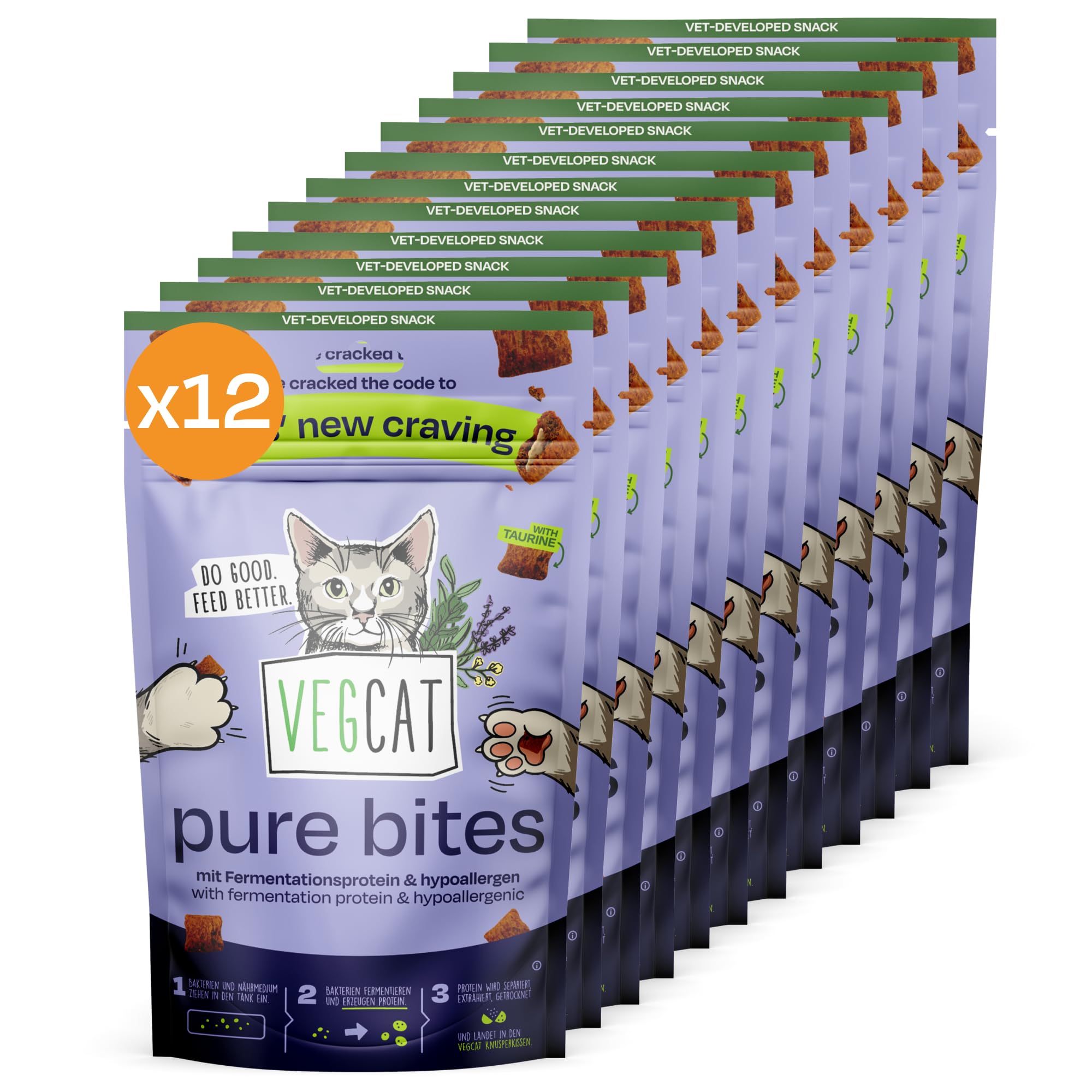 VEGCAT Pure Bites Hypoallergenic Snack for Cats (12 x 60 g) Meat-free Protein-Rich Crisp Cushion with 20% Innovative Fermentation Protein and Taurine