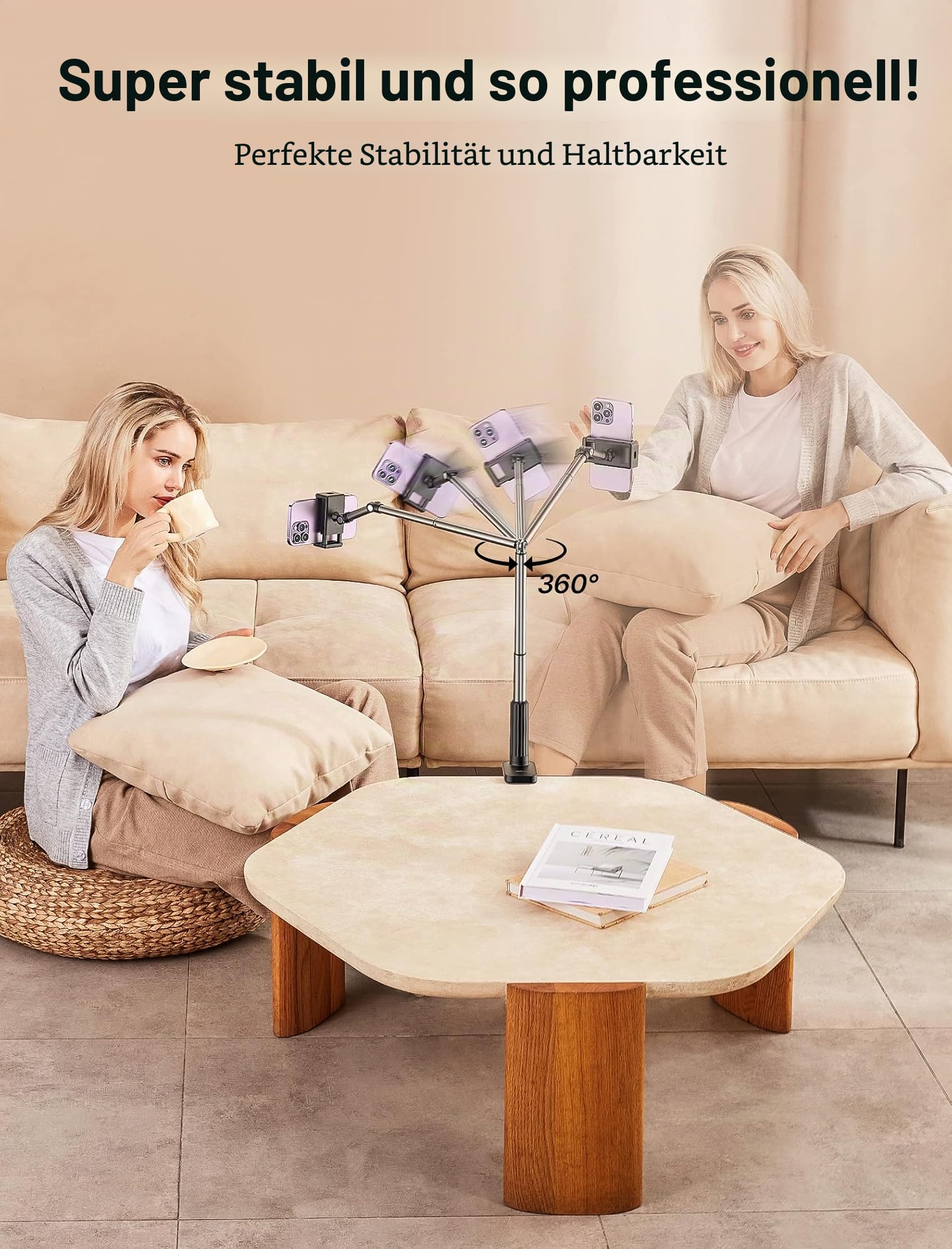 JSAUX Handy Halter mit justierbarem langem Arm für Schreibtisch & Bett, Handystütze, Mobil-Ständer, Handyhalter, Handy-Ständer, Telefonhalter kompatibel mit iPhone 15/15 Pro/15 Plus/14 etc. [Schwarz]