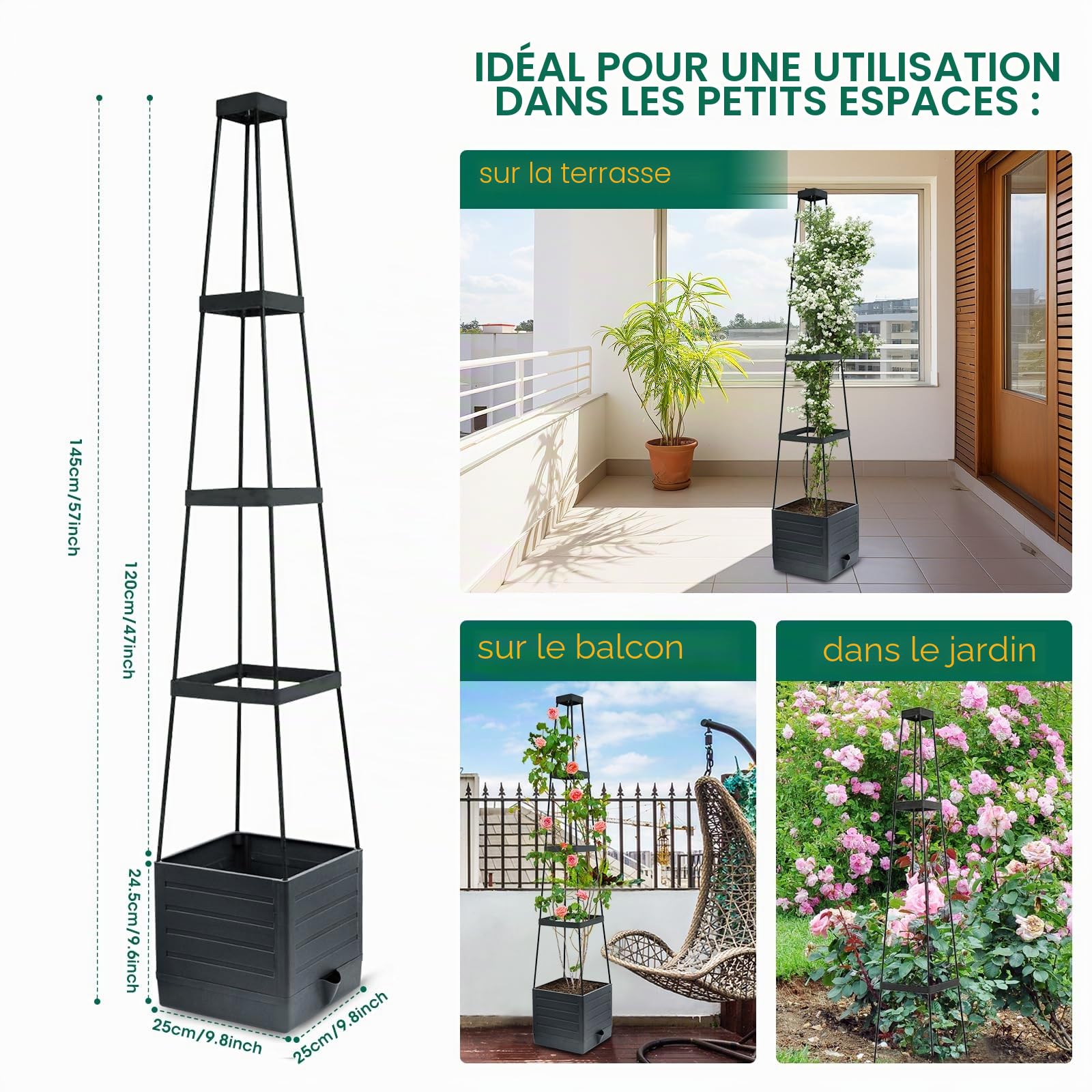 MYMULIKE Obélisque avec jardinière, Lot de 2 tuteur pour Plantes d'intérieur, avec jardinière Beau Support de Plantes en métal, Cadeau Jardinière surélevée en Plastique Noir