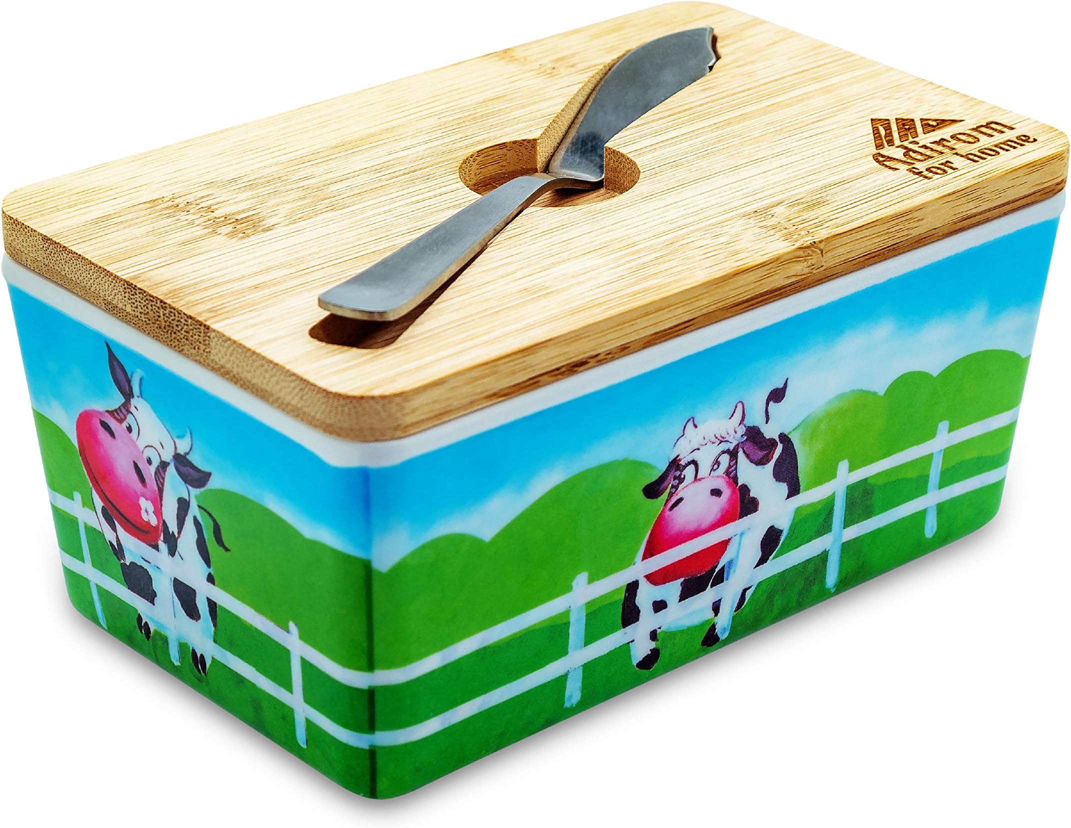 Adirom Butter Dish with Sealed Lid | Elegant Melamine Butter Keeper with Bamboo Cover | Unbreakable, Countertop Farmhouse Plastic Butter Holder Set | Keep Butter Soft and Fresh, Bonus Spreading Knife