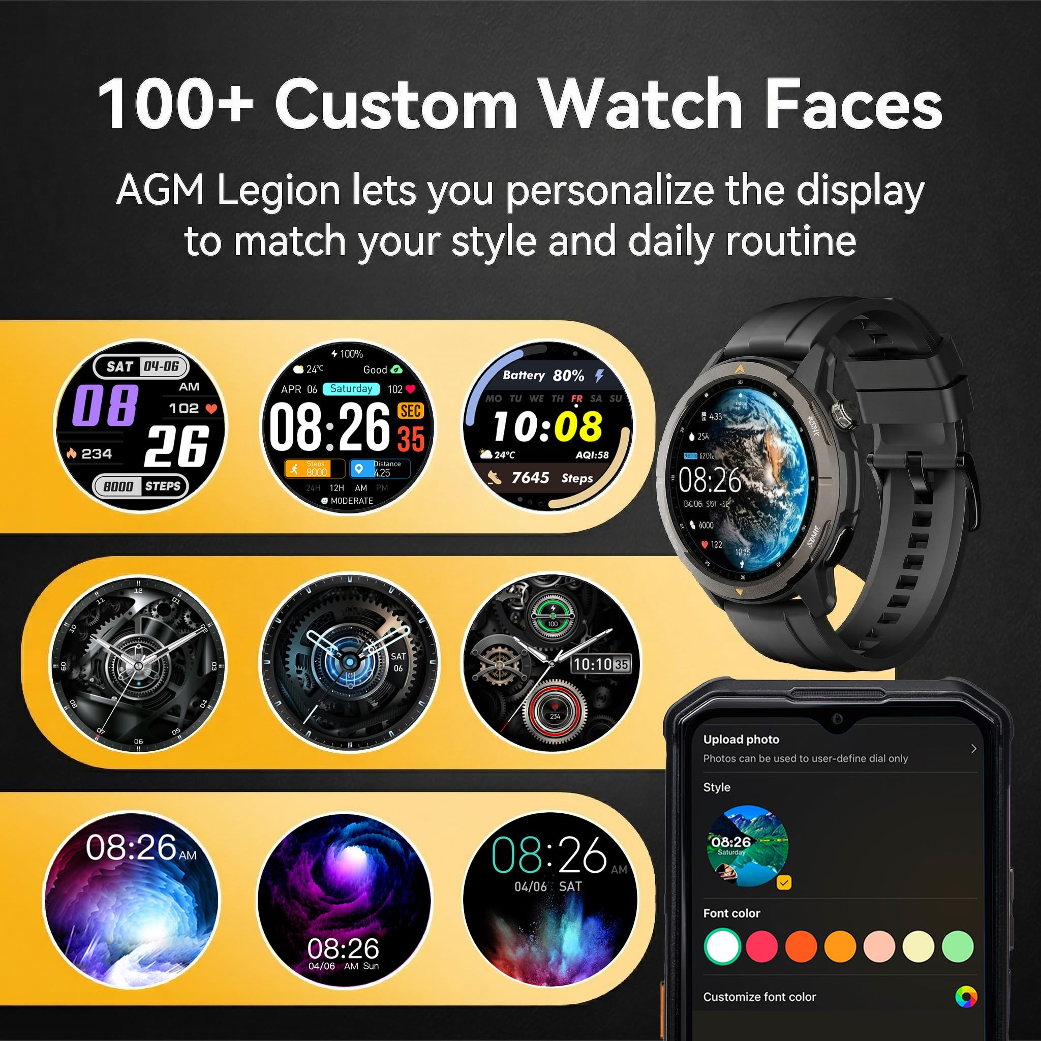 AGM Legion - Orologio intelligente da uomo, impermeabile fino a 5 ATM, antiurto e a prova di caduta, oltre 100 modalità sportive, chiamate Bluetooth, bussola, barometro e altimetro, display AMOLED da