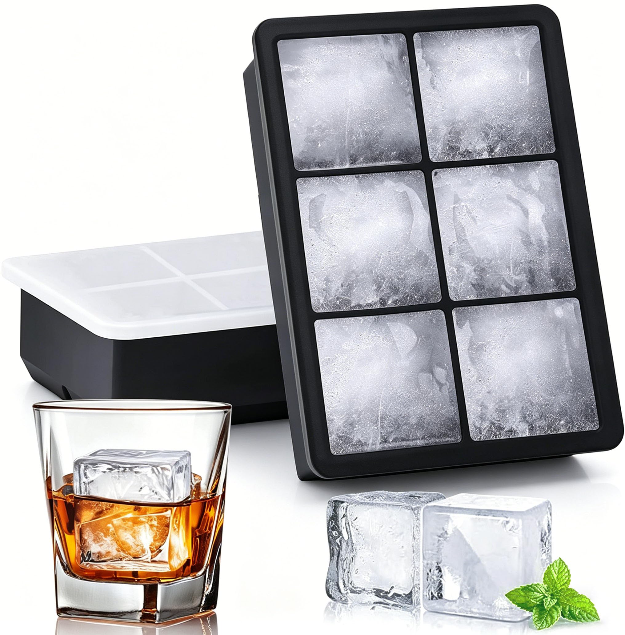 Azxb Großer Silikon-Eiswürfelbehälter (2er-Pack), leicht lösbare 5 cm große Eiswürfel – Cocktail- und Whiskey-Eiswürfelform – Eiswürfelbehälter für den Gefrierschrank mit Deckel, auslaufsicher