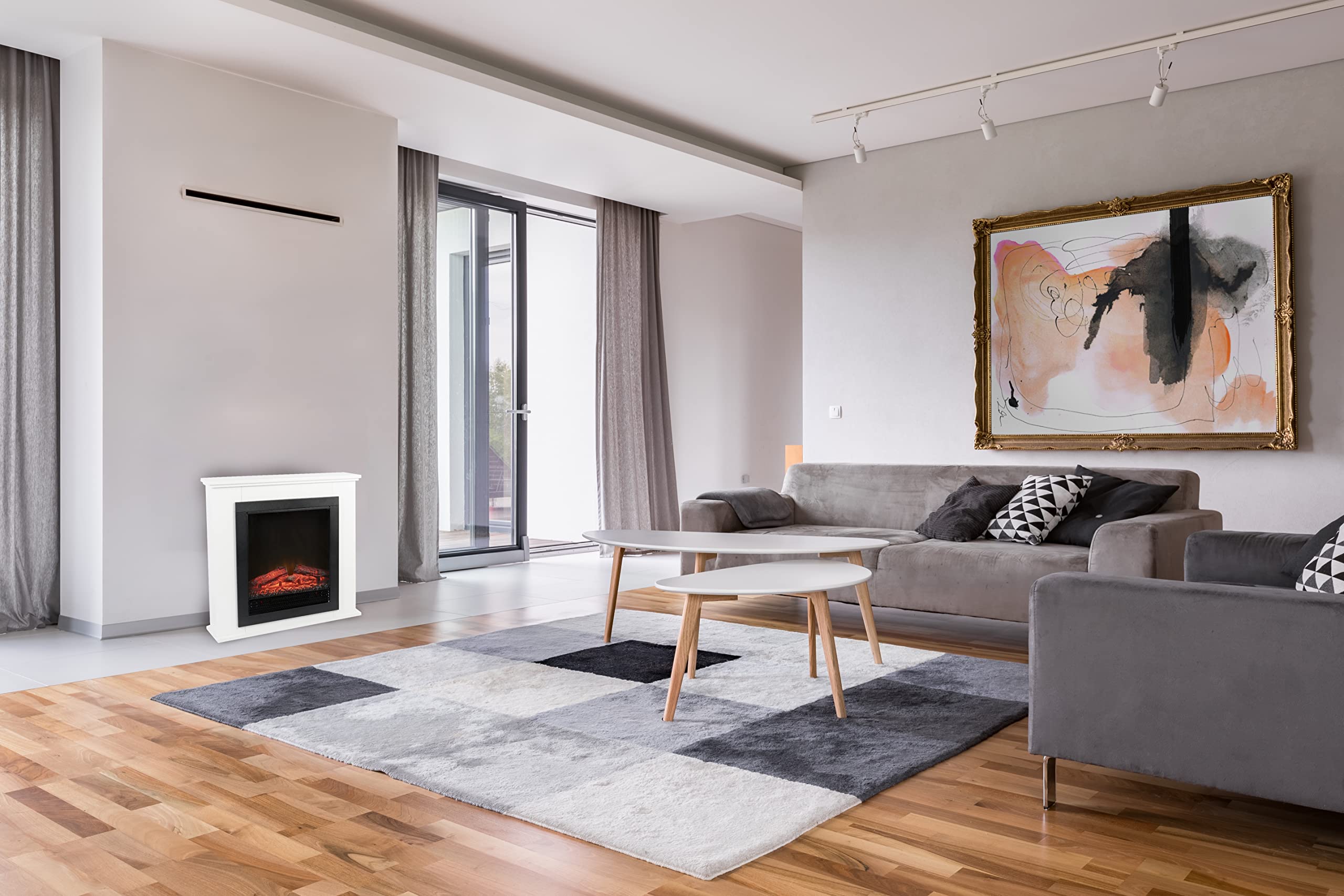 Alpina Geneva Chimenea Eléctrica - Chimenea Decorativa con Calefacción, Panel de Control y Temporizador - Estufa Eléctrica Independiente con Llama LED - 1800W - Blanco