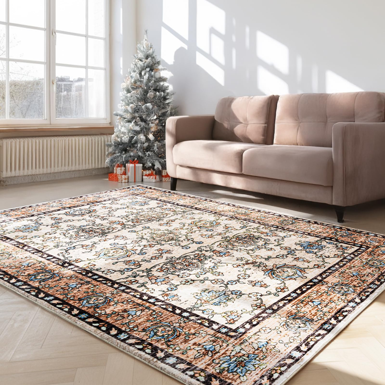 4x6 Washable Area Rug – Ivory and Beige Vintage Carpet with Charcoal Border, Floral Scroll&Geometric Lattice Pattern, Boho Non-Slip Indoor Mat for