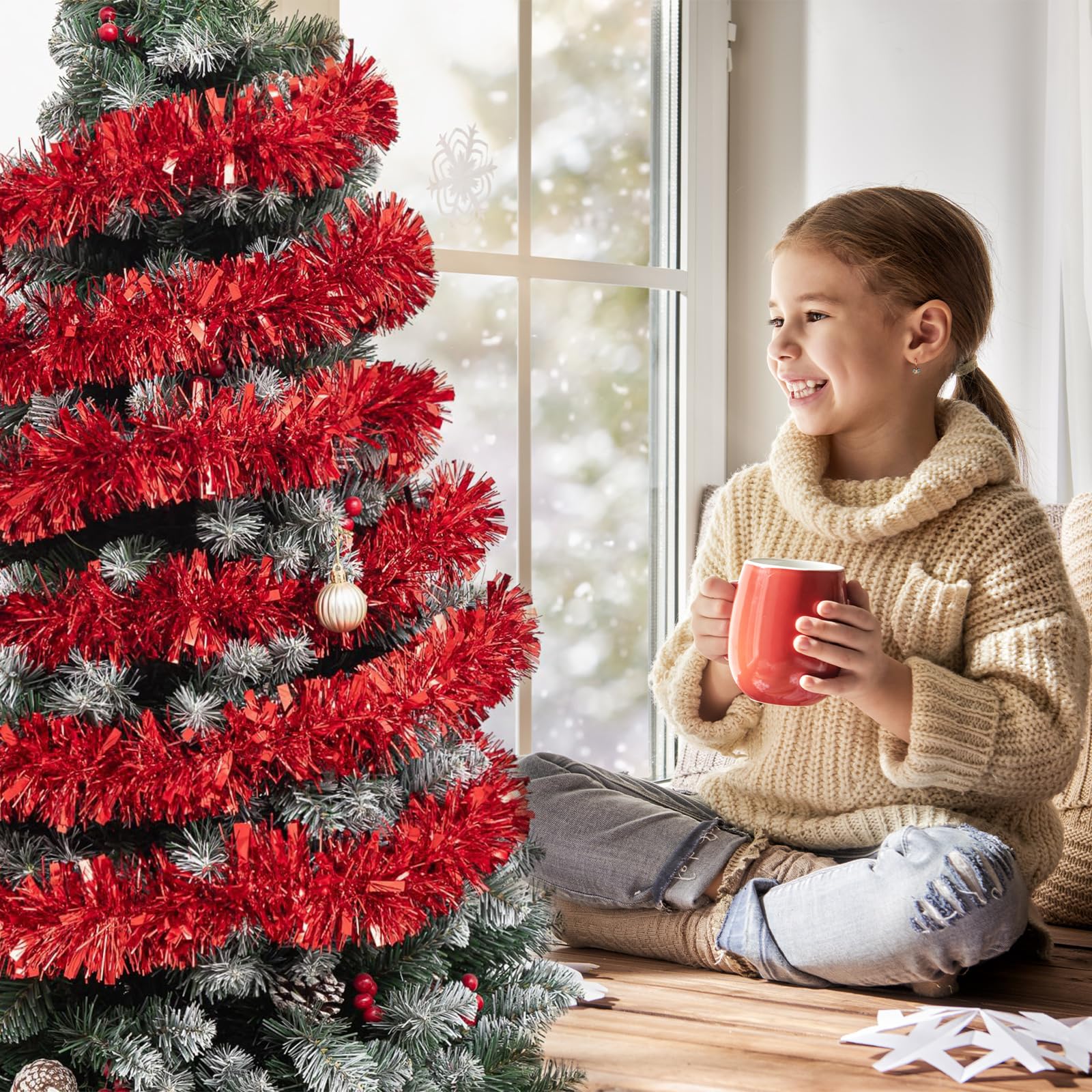 Guirnalda de oropel rojo de 100 pies, guirnalda de oropel del 4 de julio, decoración metálica de oropel para árbol de Navidad, Año Nuevo, vacaciones, fiestas de cumpleaños (3.54 x 50 pies, rojo)
