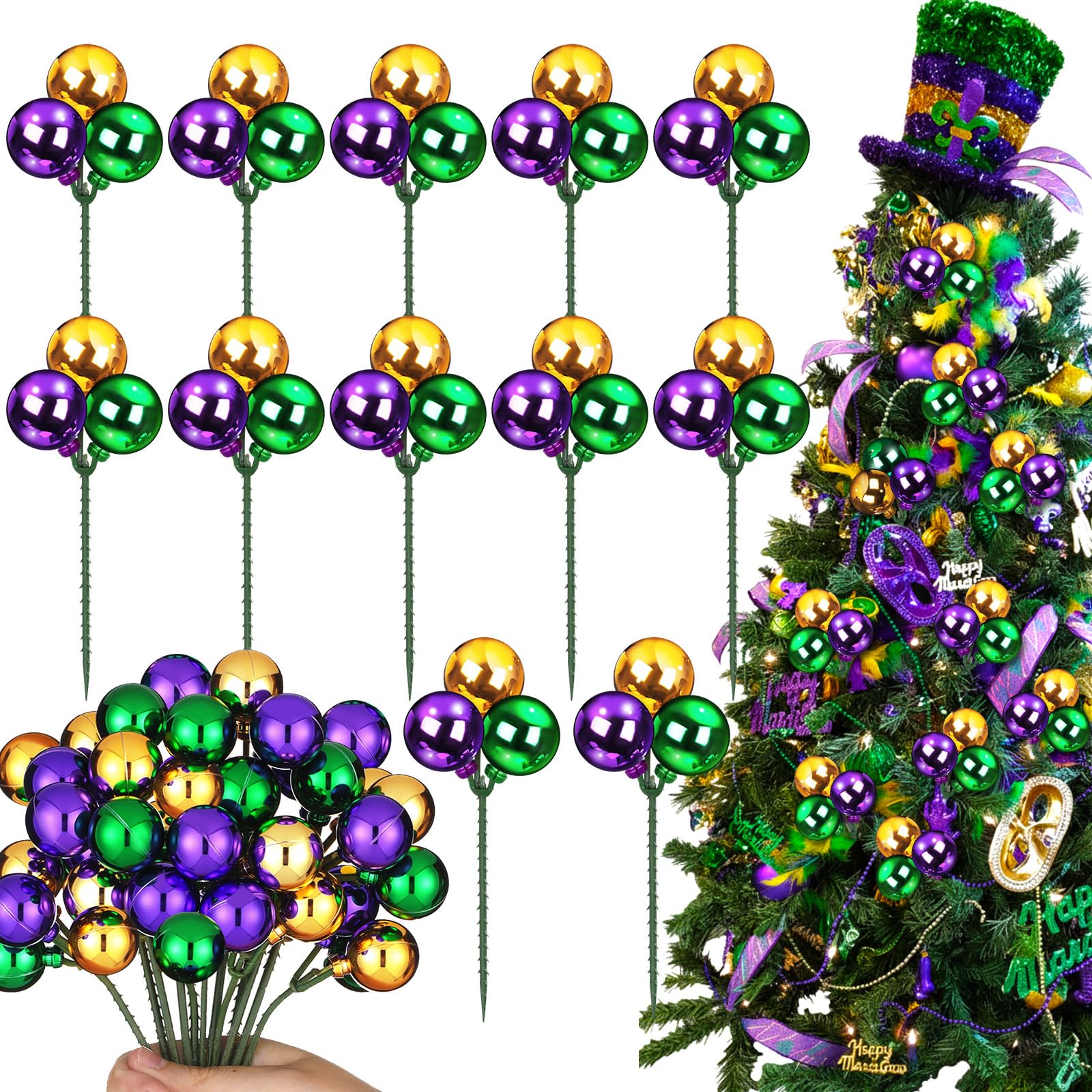 Syhood 12 Sets 7.9 Inch Mardi Gras Ball Picks and Sprays, Purple Green Gold