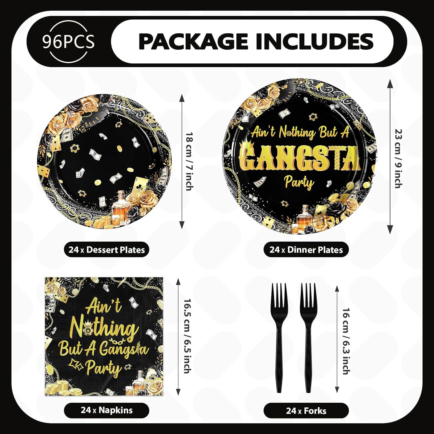 96Pcs Gangsta Party Supplies Aint Nothing But A Gangsta Plates and Napkins Black Gold Hip Hop Theme Disposable Paper Tableware Set for 70S 80S 90S Retro Birthday Party Decoration Serves 24