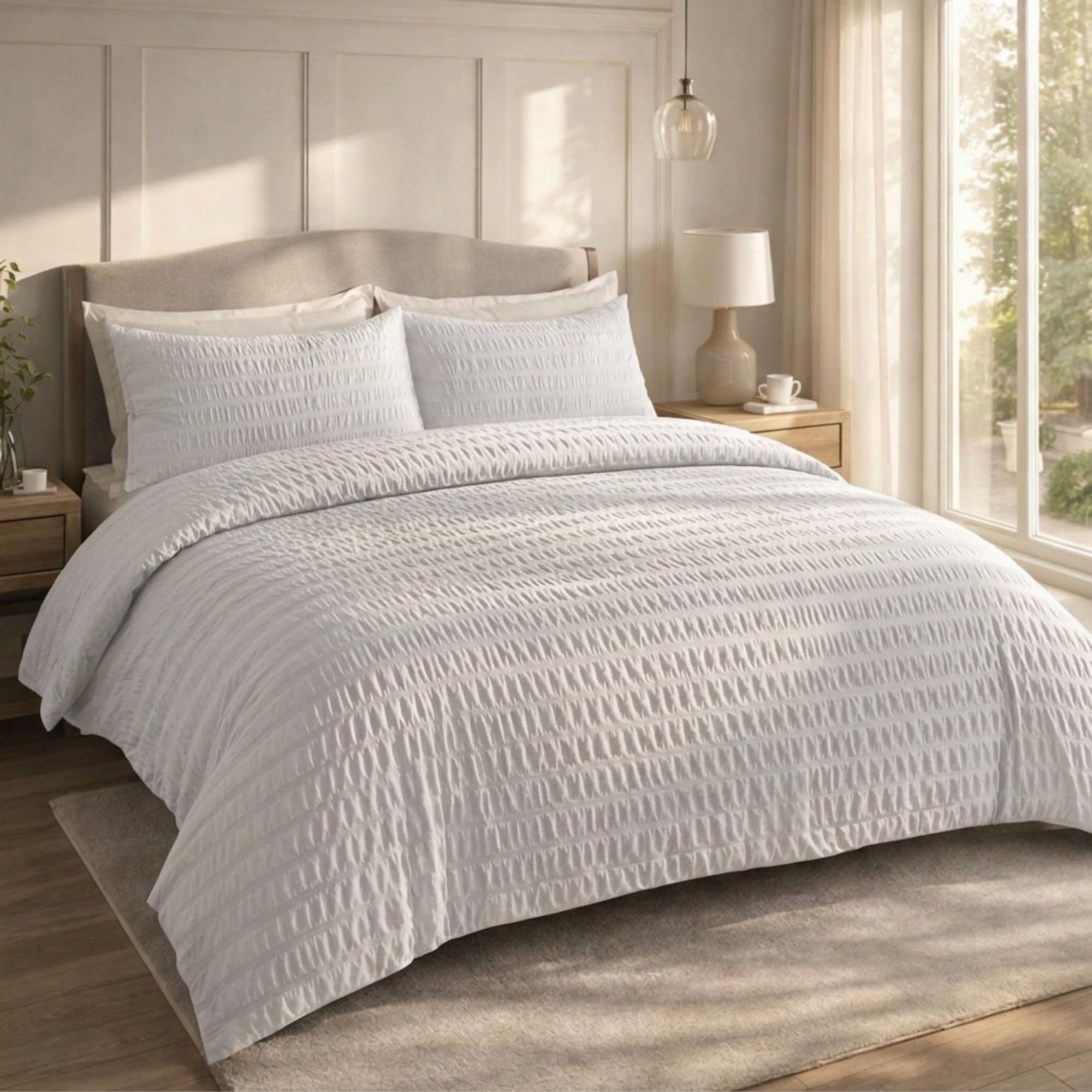 Q & H QUALITY HOUSEHOLD Q&H Bedding White Seersucker Duvet Cover Set Double with Pillowcase - Ultra Soft Brushed Microfiber Quilt Cover - Breathable, Textured, Easy Care, Machine Washable