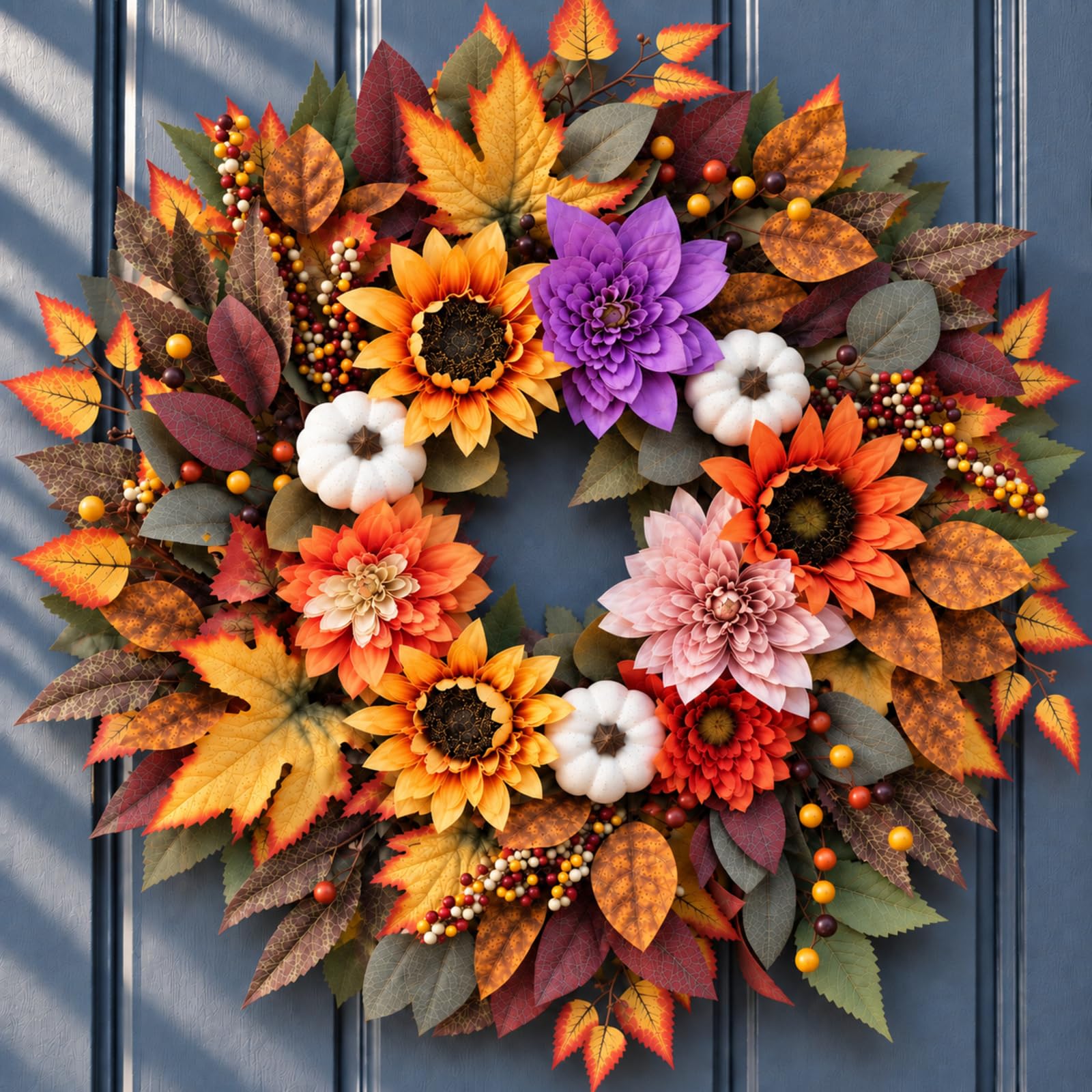 26-Inch Fall Wreath for Front Door, Sunflowers, Dahlias and Pumpkins
