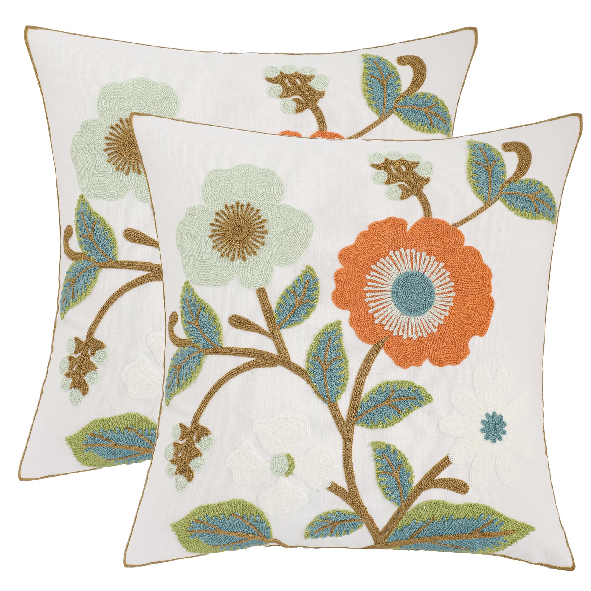 Housses de coussin 45x45 brodées fleurs orange et vertes taies d'oreiller carrées de ferme
