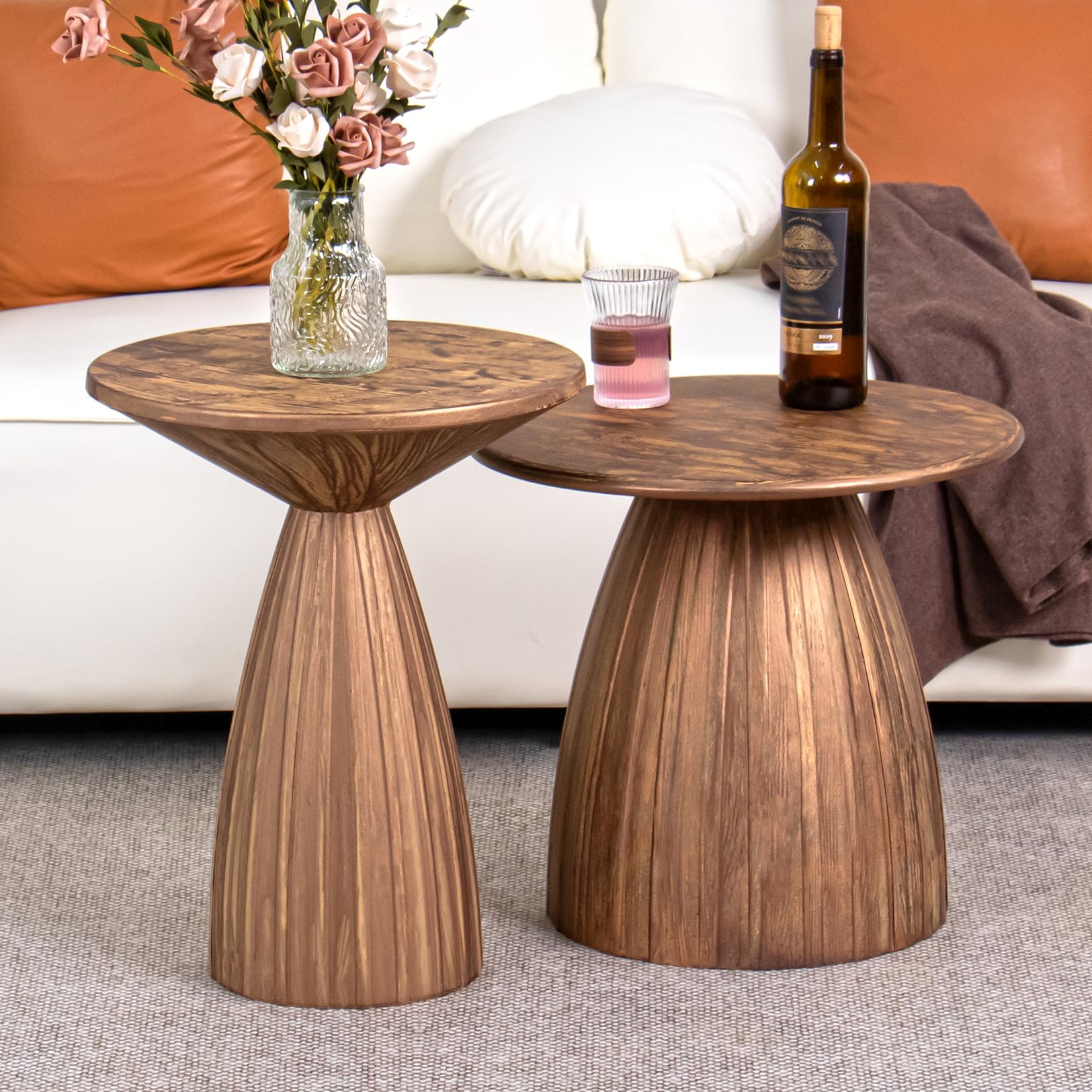 Furtivusia Metal Small Patio Table Set of 2, Round Outdoor Side Table, Wood Color Outdoor Accent Patio End Table, for Garden, Pool, Deck, Balcony,