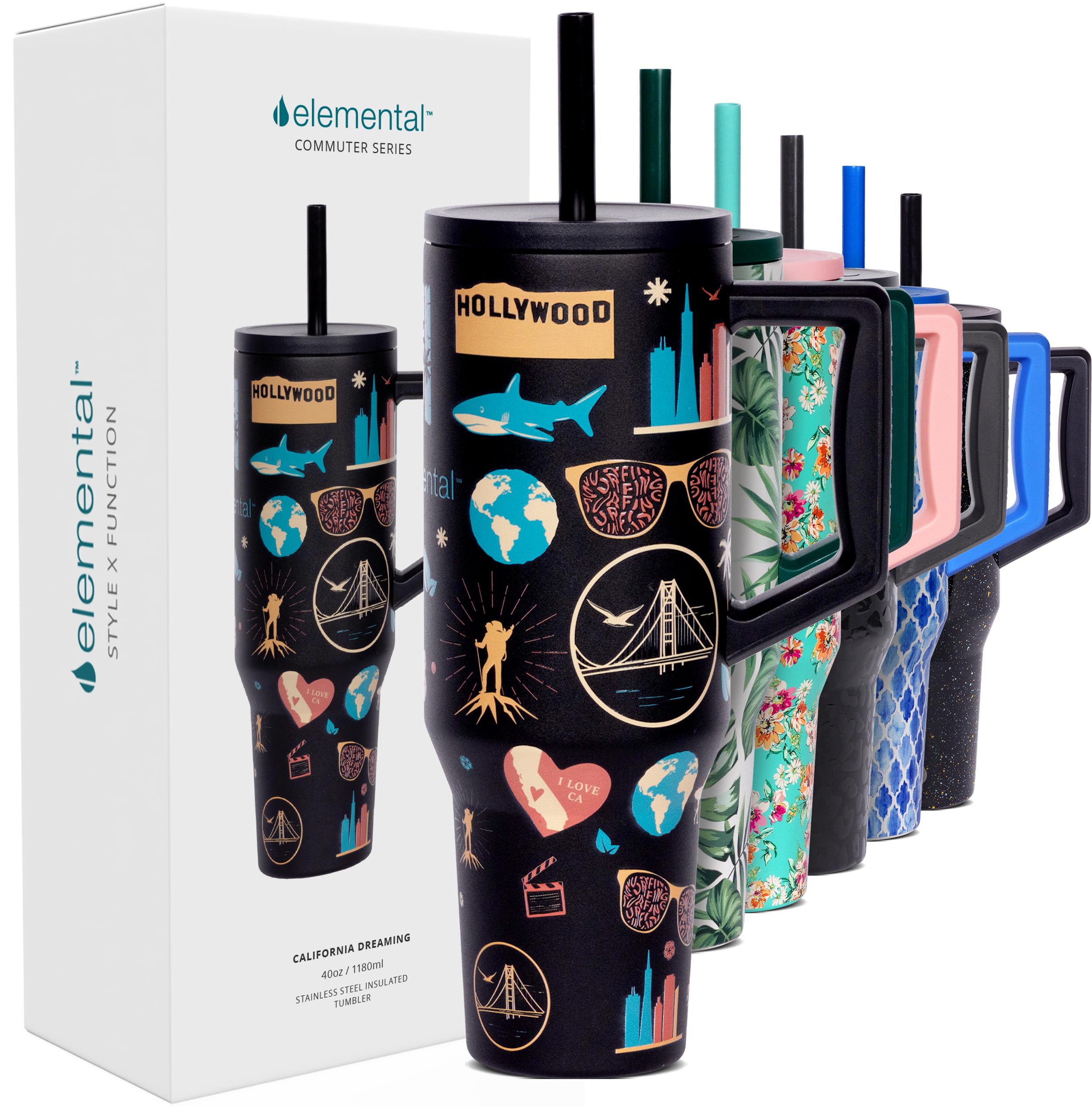 Sponsored Ad - 40 oz Tumbler with Handle and Straw - Spill Proof Insulated Stainless Steel Commuter for Hot and Cold Beverages - Travel Coffee Mug with 2 Straws & Spill Proof Lid - 40oz-California Dreaming