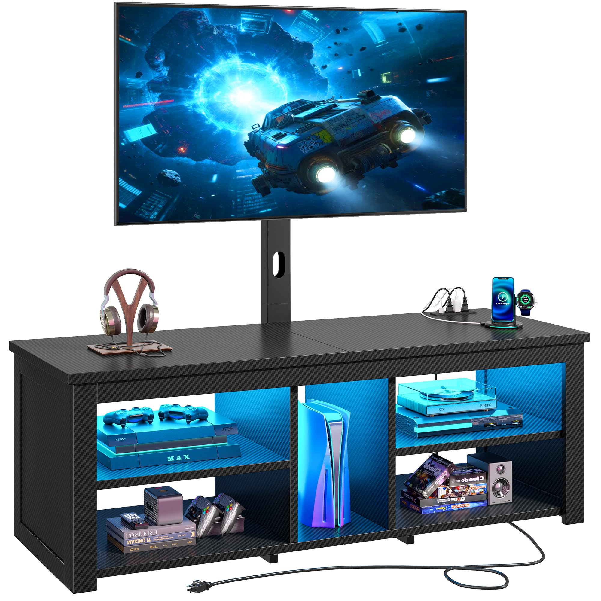 TV Stand with Mount and LED Lights Swivel TV Stand for 70 inch TV Modern Wood Entertainment Center with Power Outlet for Living Room, Gaming Console for Bedroom, Carbon Fiber Black