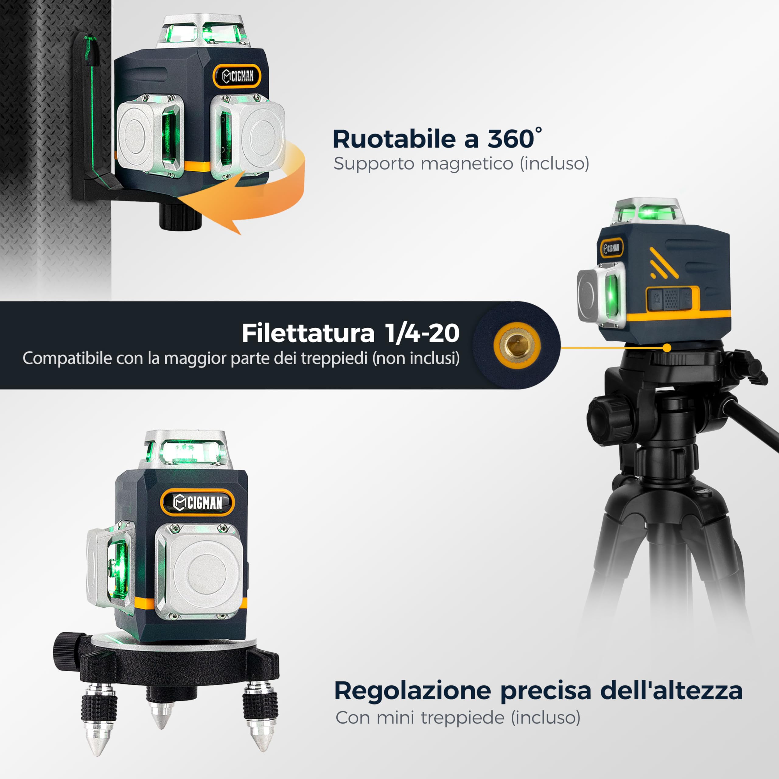 Livella Laser Autolivellante 3x360°, CIGMAN Livello Laser, Gamma di Lavoro: 30M, con Telecomando, Supporto Magnetico e Rotante, Batteria Incorporata dello Li-ione