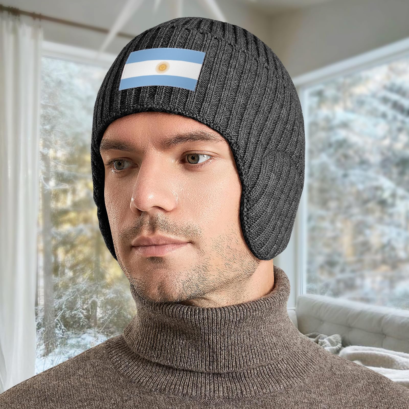 Beanie Hat with Earflaps for Men Women Argentina Argentinean Flag Stocking Caps Ear Covers Winter Warm Thermal Knitted Watch Hat Stretchy Knit Novelty Skull-Cap for Ski Outdoor Gray
