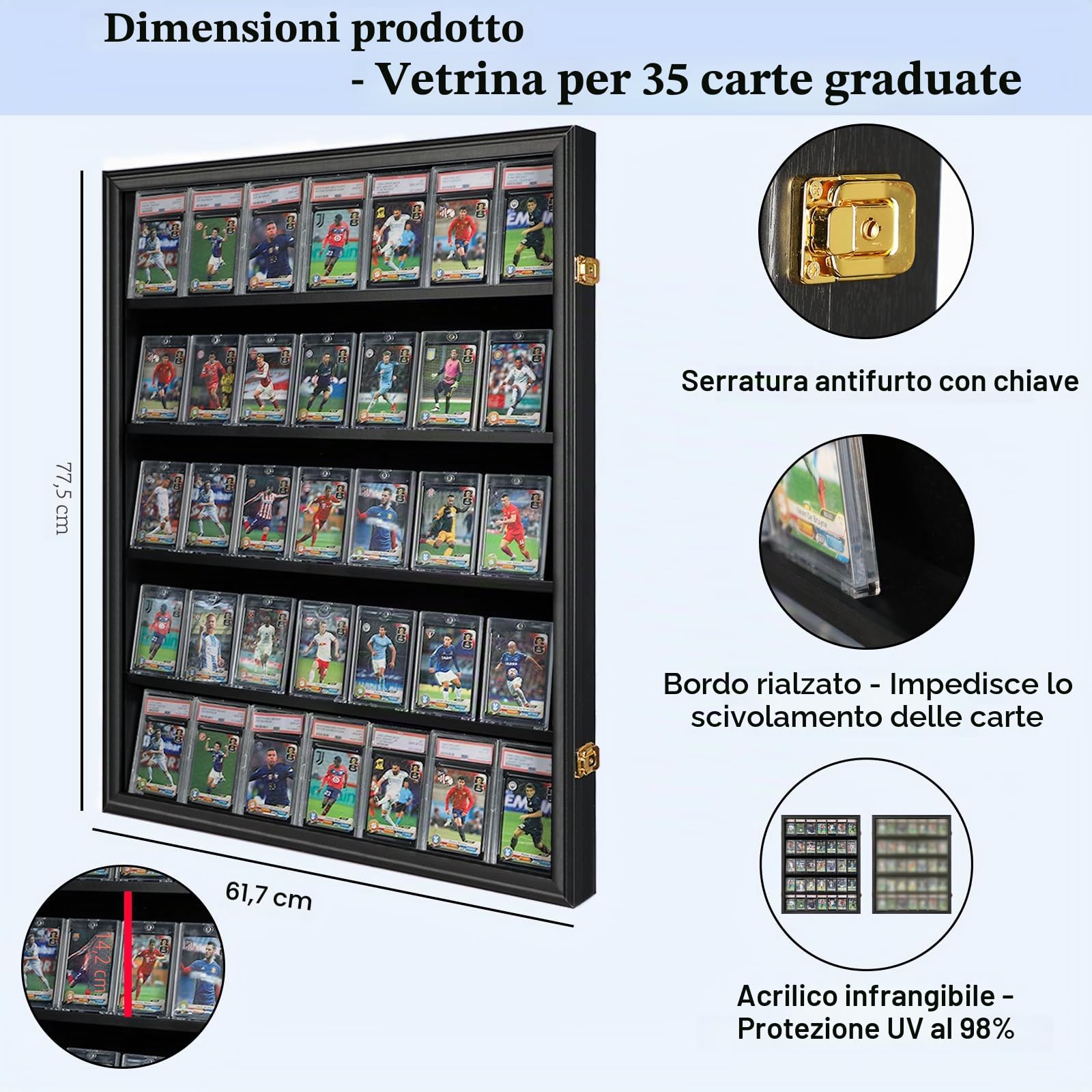 Espositore per carte sportive con 35 gradazioni, cornice per carte da baseball, con protezione UV, trasparente, con serratura, per pallacanestro da collezione, finitura nera
