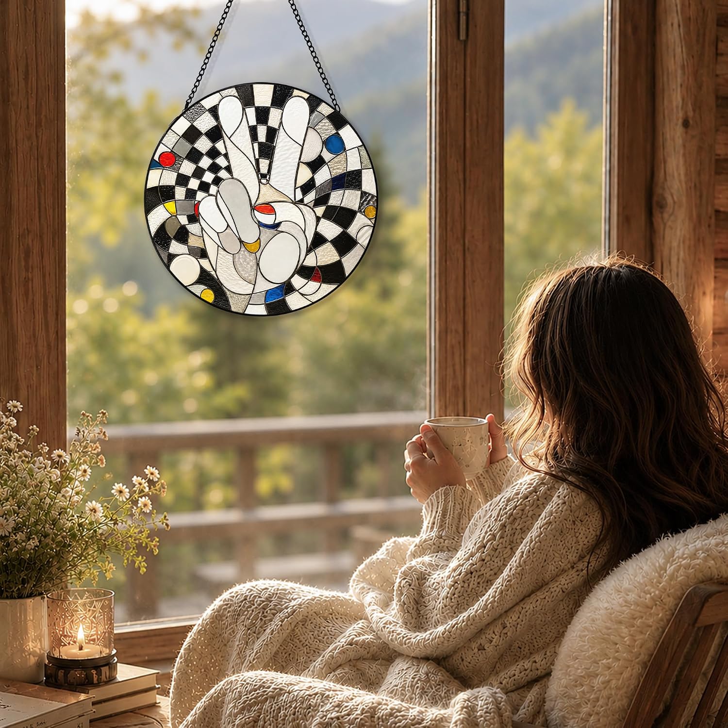 Art Deco Inspired Peace Sign Stained Garden Glass Suncatcher 7.8x7.8 inch,Retro Abstract Sun Catchers Indoor Window, Mosaic Aesthetic Round Wall Hanging for Living Room Decor image 3