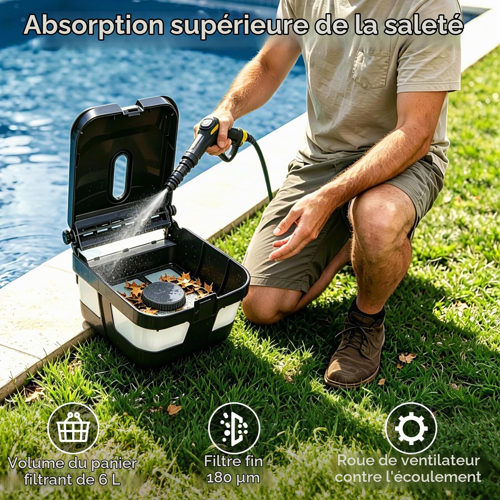 PS100 Robot Skimmer de Piscine Solaire, Robot Piscine sans Fil avec APP, Nettoyage de Surface 24/7, Panier de 6 L, Charge Solaire & Secteur, Détection d'obstacles, Suivi Solaire Actif