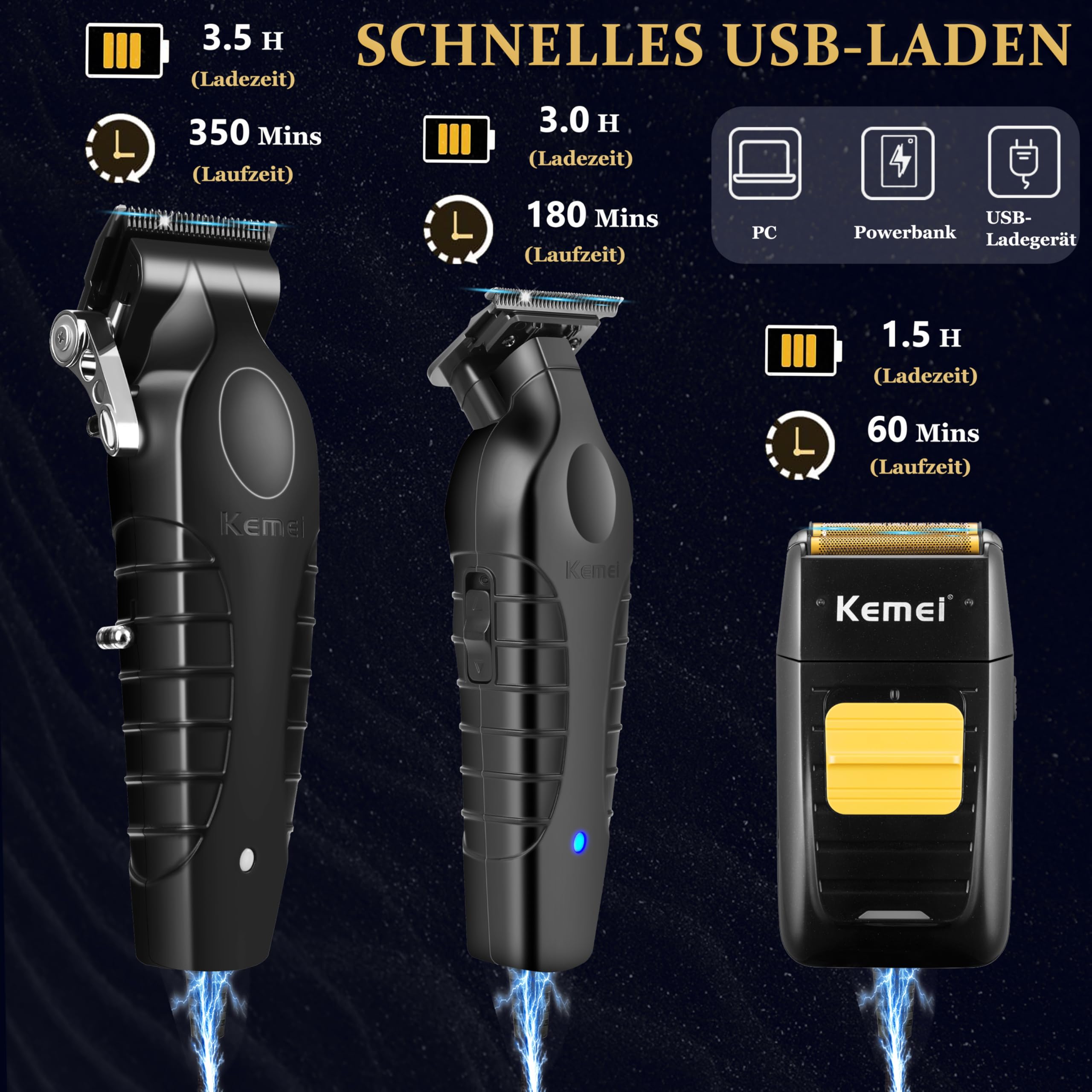 KEMEI Professionelle Haarschneidemaschine, Haar-/Bartschneider, Folienrasierer-Set für Männer, kabellose Haarschneidemaschine, elektrischer Rasierer mit Ersatzköpfen & Netzen, USB-Haarschneideset