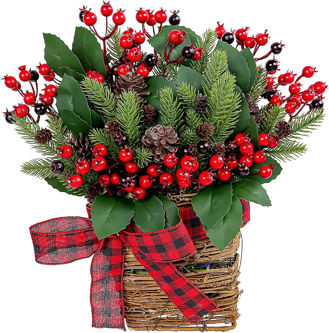 Door Hanger Basket Wreath, Christmas Winter Wreath for Front Door, Artificial Hanging Basket Wreath with Berries Pine Branches Pine Cones for Christmas Indoor Outdoor Decoration