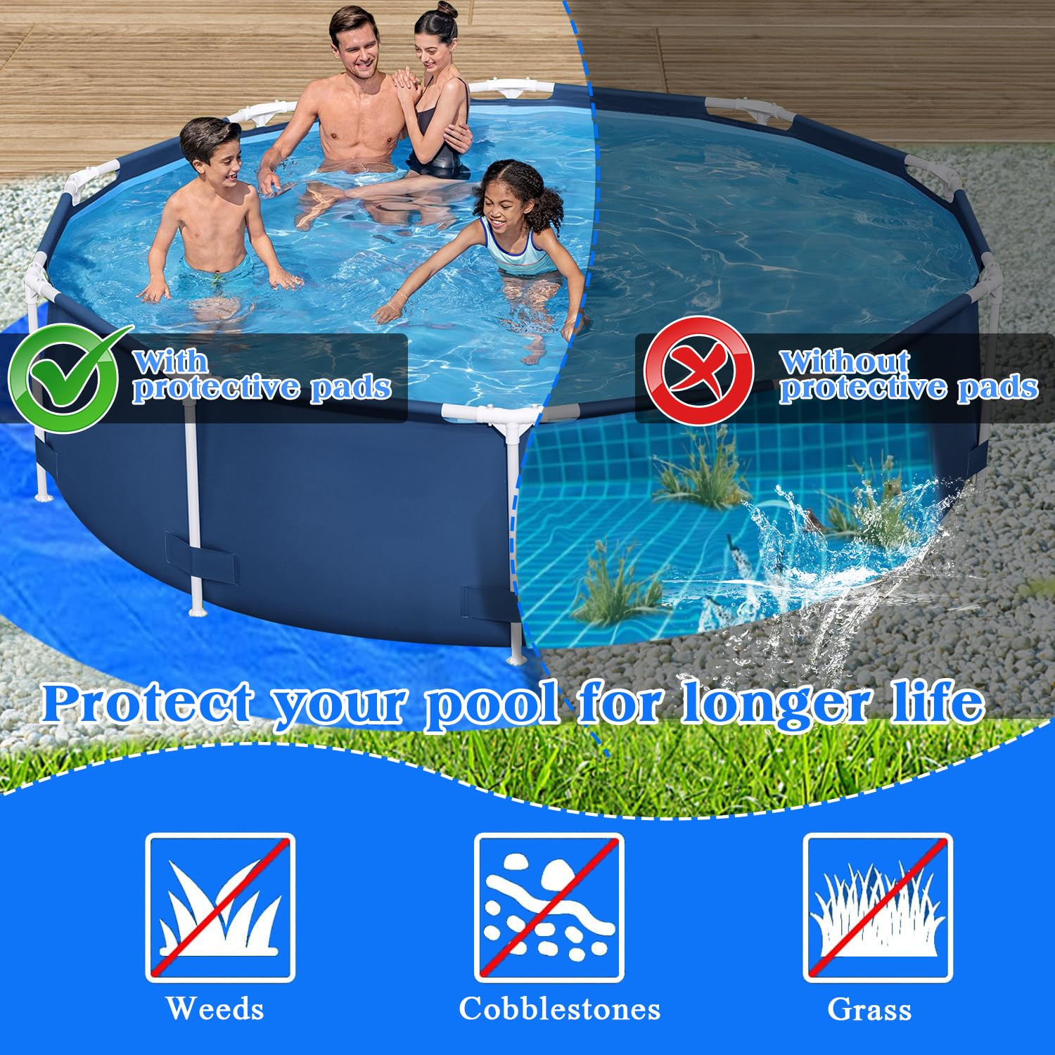 YumSur Bâche de sol de piscine, rectangulaire, 4,6 m, tapis de protection de sol pour extérieur, pliable, pour bateaux gonflables, pataugeoires