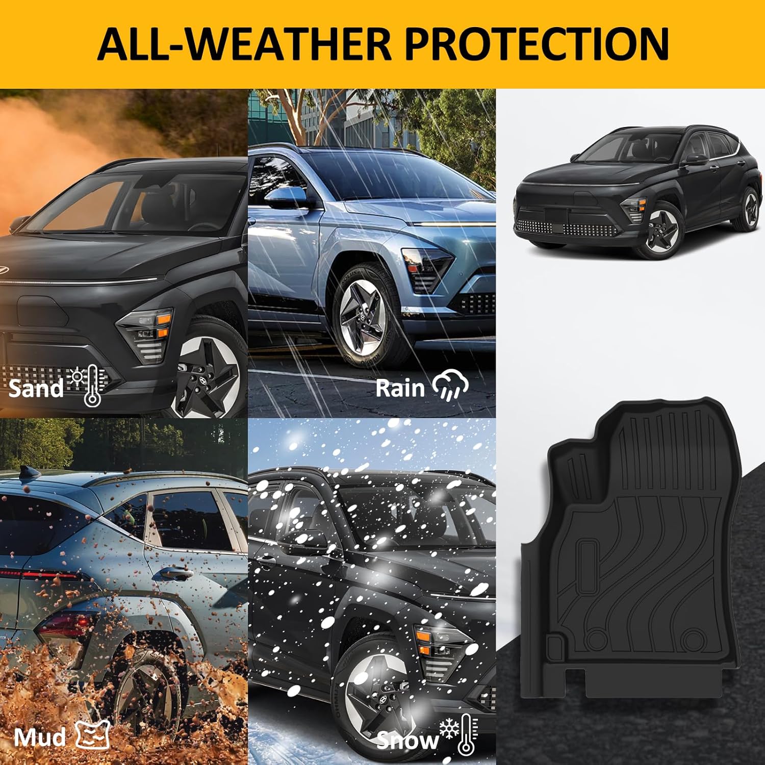 Falafa Floor Mats for 2025 Hyundai Kona(Not for EV), All Weather TPE Heavy Duty Anti-Slip Floor Liners 1st & 2nd Row for Hyundai Kona Car Mats Accessories, Black - Image 6