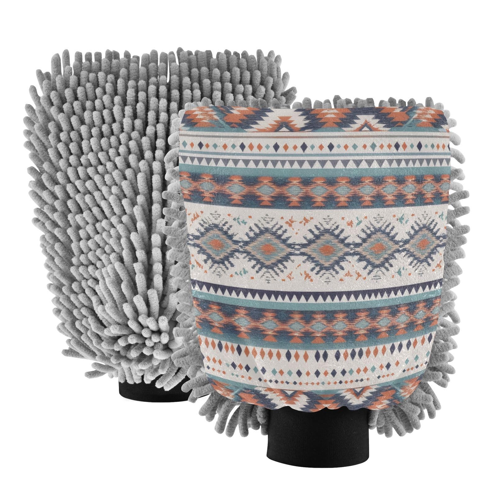 Flradish 2 Pack Aztec Pattern Car Wash Mitt Chenille Microfiber Lint-Free Scratch Free Ultra-Soft Absorbent Car Wash Mitt 11.8x8.07 Inch