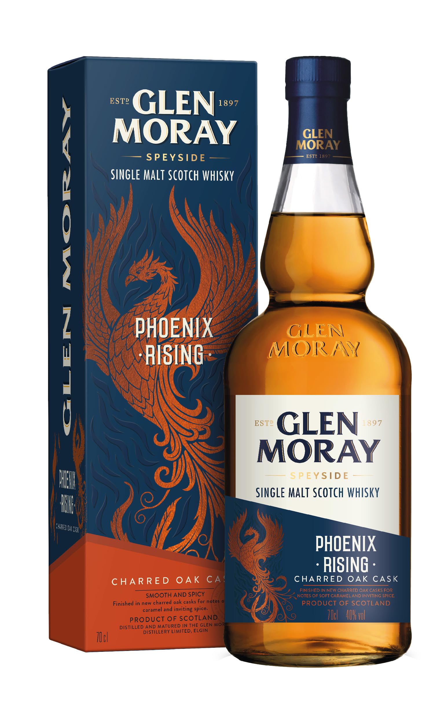 Glen MorayPhoenix Rising Single Malt Whisky - 40% ABV, 70cl - Single Malt Scotch Whisky Matured in Charred Oak Casks - Smooth and Spicy Notes - Distilled and Matured in Elgin, Scotland