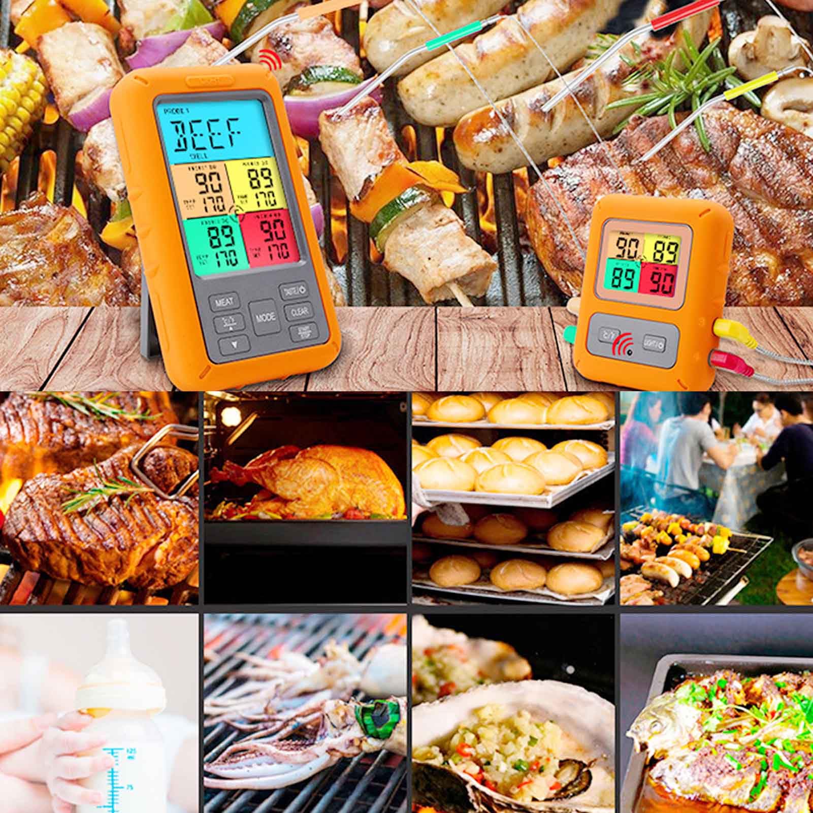 KUIDAMOS Fortschrittliches Kabelloses Fleischthermometer mit 4 Sonden für den Grill, Lebensmittelthermometer mit Farbdisplay, Intelligente Warnungen, Geeignet für Kochliebhaber Im Innen- und (Orange)
