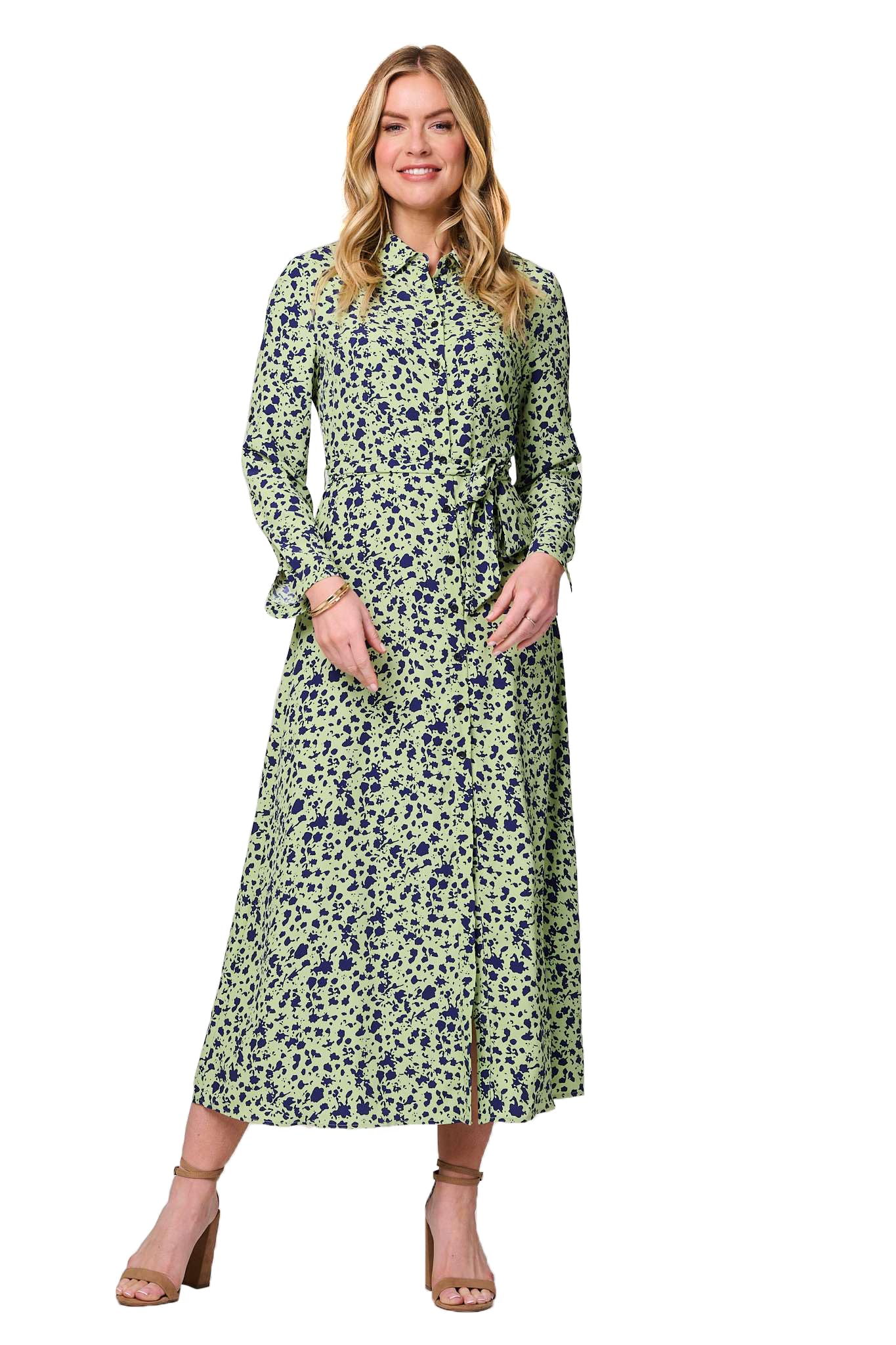 Izabel London Women's Green Printed Long Sleeve Midi Shirt Dress In | Size: 16