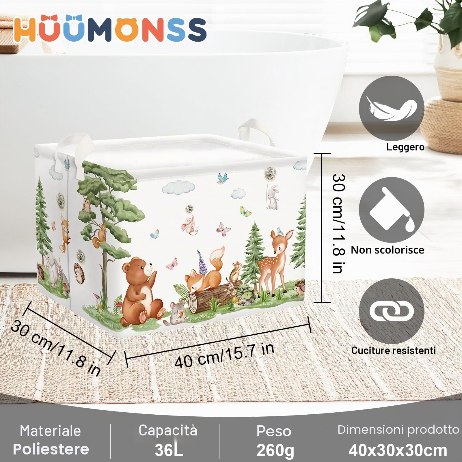 Grande Cesta Porta Biancheria Bambini Animali Foresta Orso Volpe Pieghevole Cestini Portaoggetti Giocattoli Vestiti per Bagno Cameretta, Scoiattoli, 36L