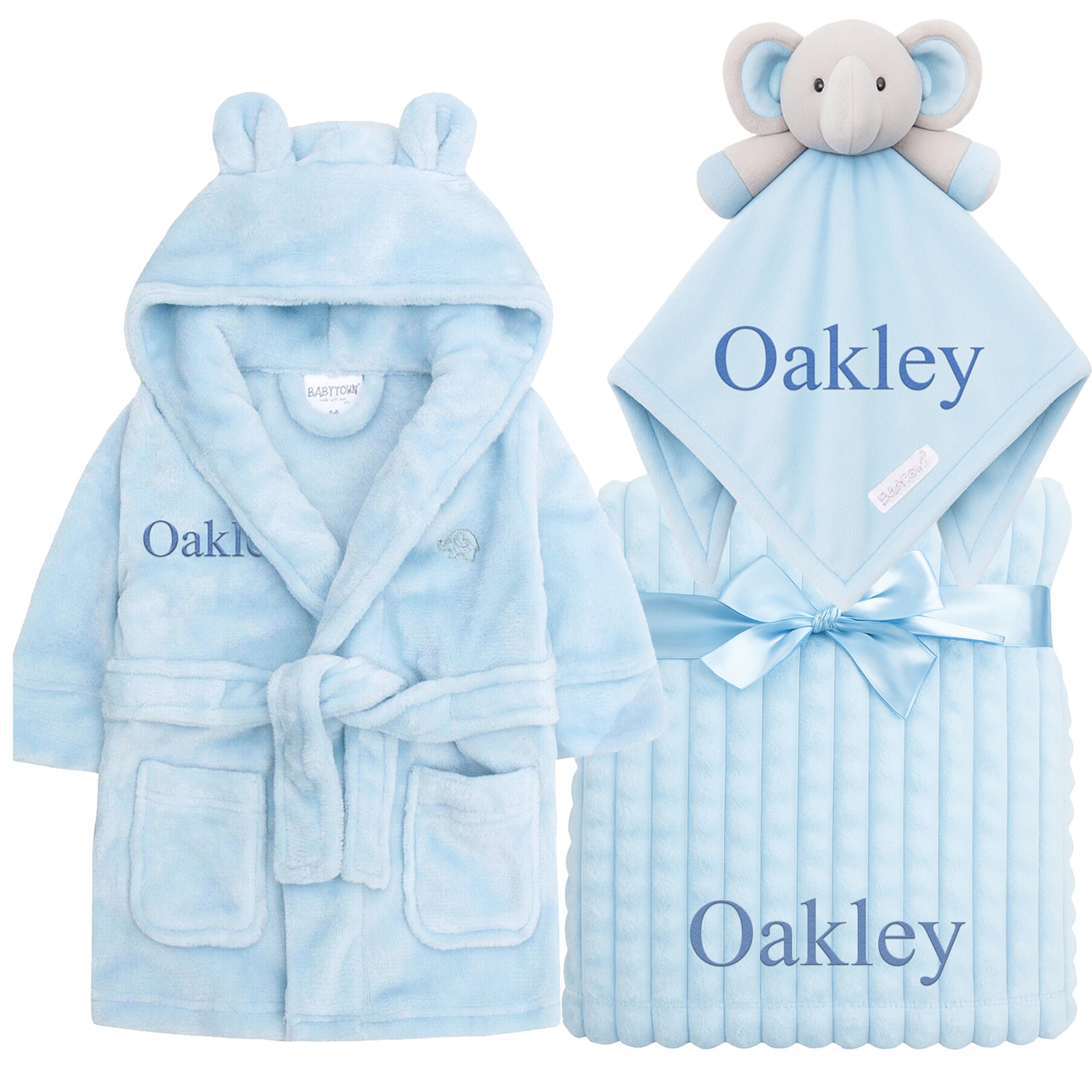 Personalised Baby Dressing Gown, Elephant Comforter & Blanket Set Gift Bundle Squares (BLUE Robe, Elephant Comforter, Squares Blanket, 6-12 Months)