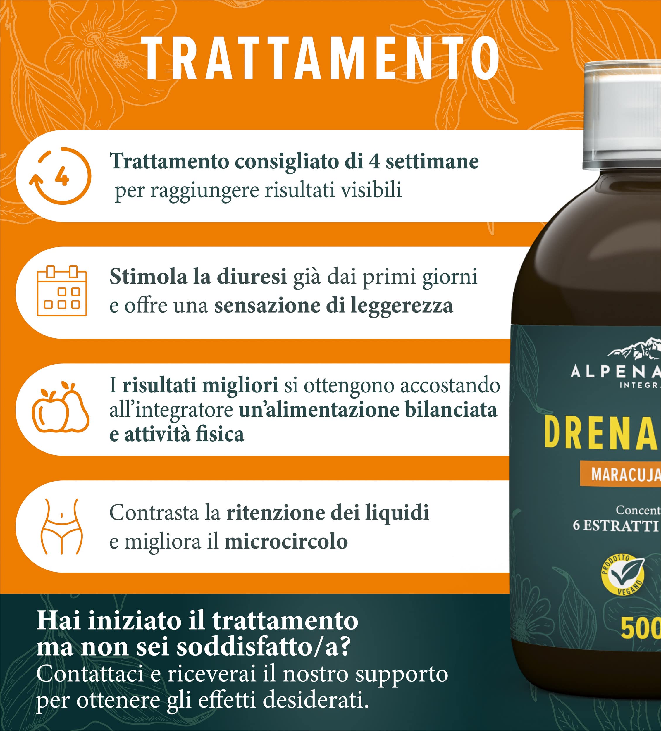 Drenaforte | Drenante forte, Concentrato di 6 Estratti Naturali, Drenante, Diuretico, Detox, Depurativo Naturale, Ritenzione Idrica | Maracuja e Pesca, Vegano, 500 ml