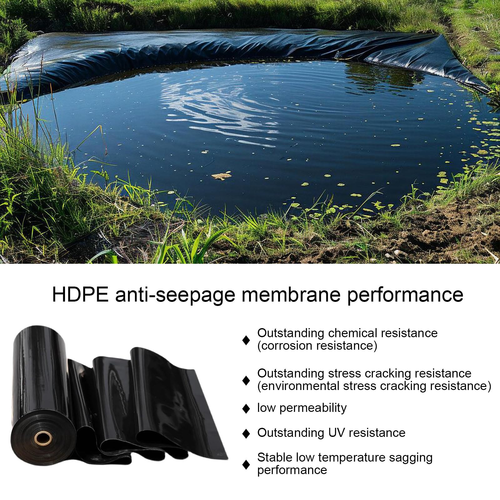 ele ELEOPTION HDPE Pond Liner with Black Tape 20 Mil Thickness Pond Liners for Outdoor Ponds Easy Cutting for Fish or Koi, Fountains and Waterfall 15x20ft