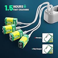 Vista 3 de Paquete de 4 baterías de 9 V para detector de humo, baterías recargables USB de 9 V – 13500 mWh de larga duración de iones de litio de 9 voltios