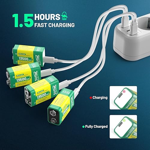 Miniatura 3 de Batería de 9 V para detector de humo, baterías de litio recargables por USB de 9 V, baterías de iones de litio de larga duración de 13500 mWh con