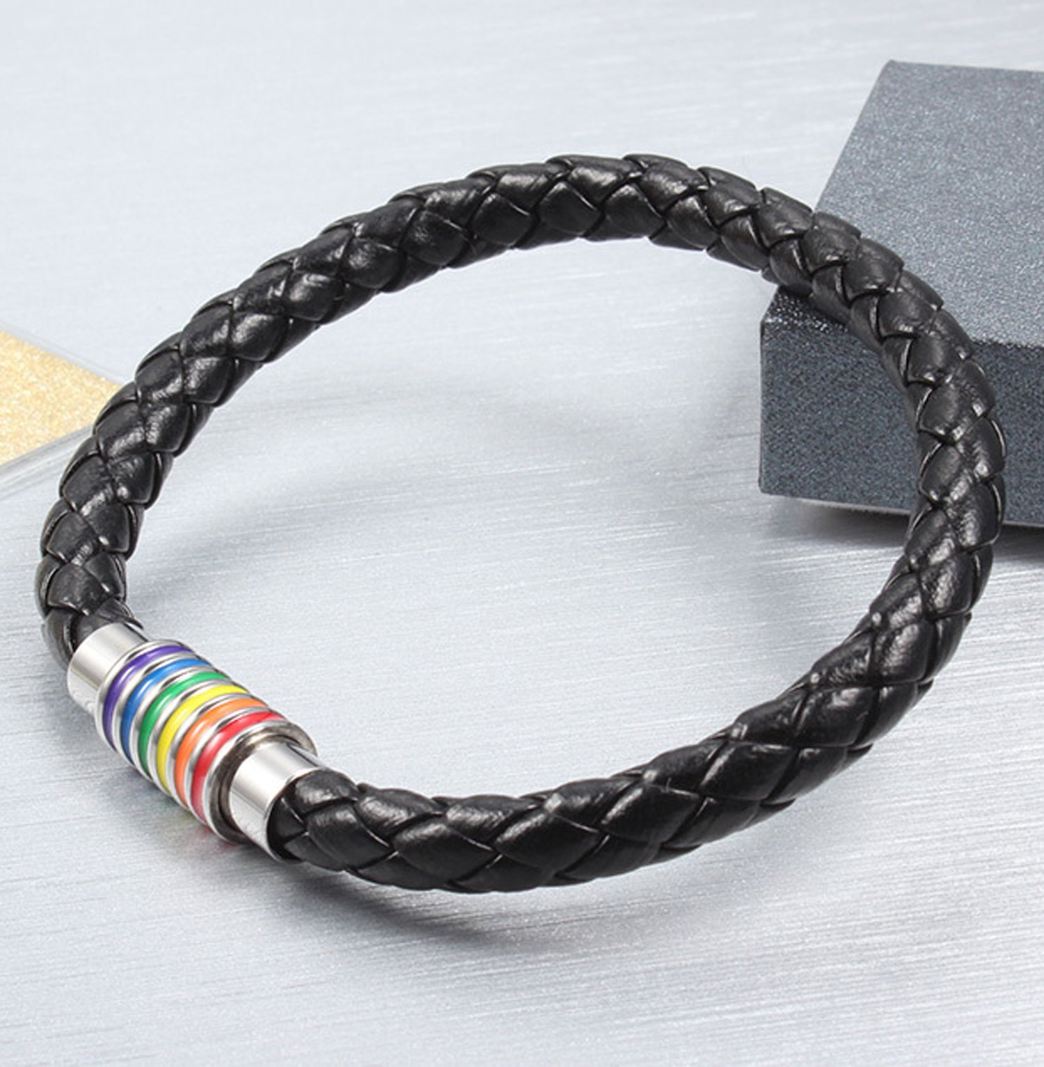 Nanafast Titanium Stainless Steel Rainbow LGBT Pride Bracelet Handmade Braided LGBTQ Pride Bracelets PU Leather Weave Plaited Wristband Jewelry