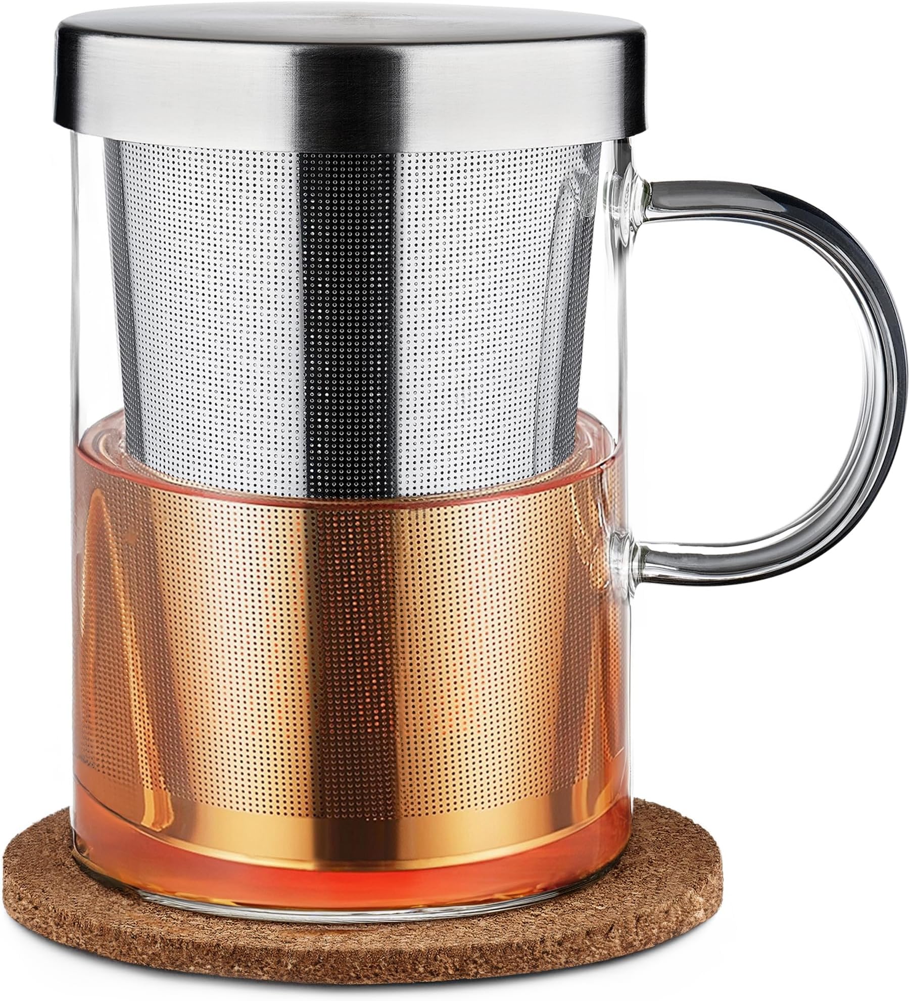 Tea Cup with Infuser and Lid - Glass Tea Cup with Infuser and Lid - Large Tea Mug in Borosilicate Glass with Natural Cork Coaster - Fine-Mesh Filter 400ml