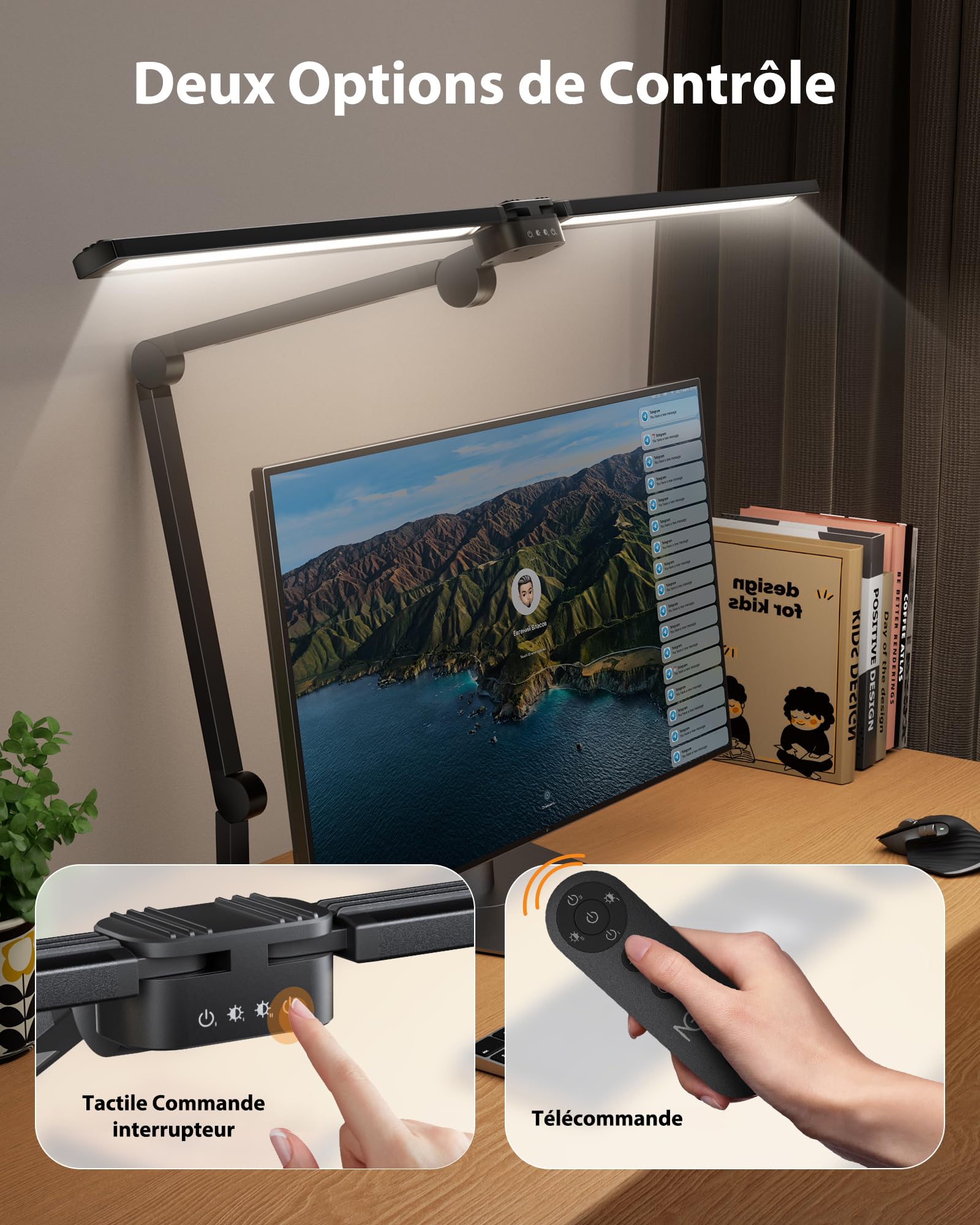 NGTeco Lampe de bureau LED 39,3" avec 3 barres lumineuses, bras articulé réglable, 24W 1500LM ultra-lumineuse, télécommande, idéale pour bureau, travail et étude