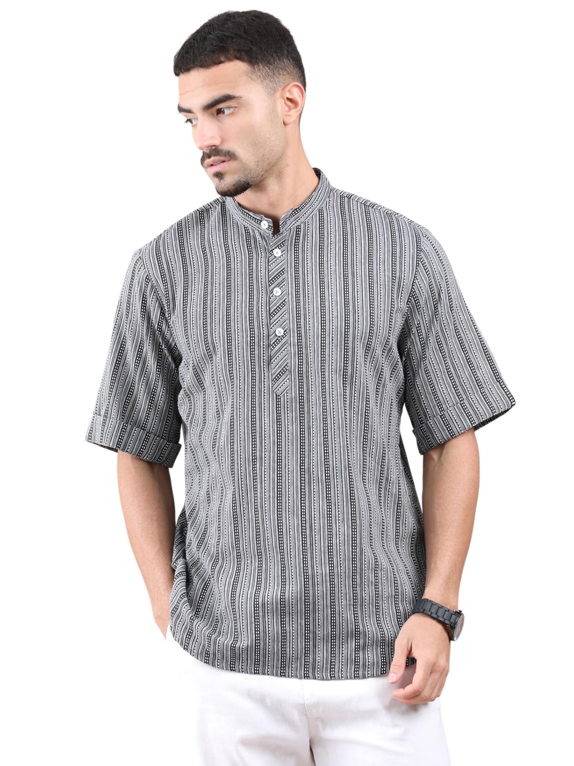filori Men's Pure Cotton Stripe Pattern Short Kurta | Half Sleeves | Mandarin Collar | Button Closure | Regular Fit-picture-52