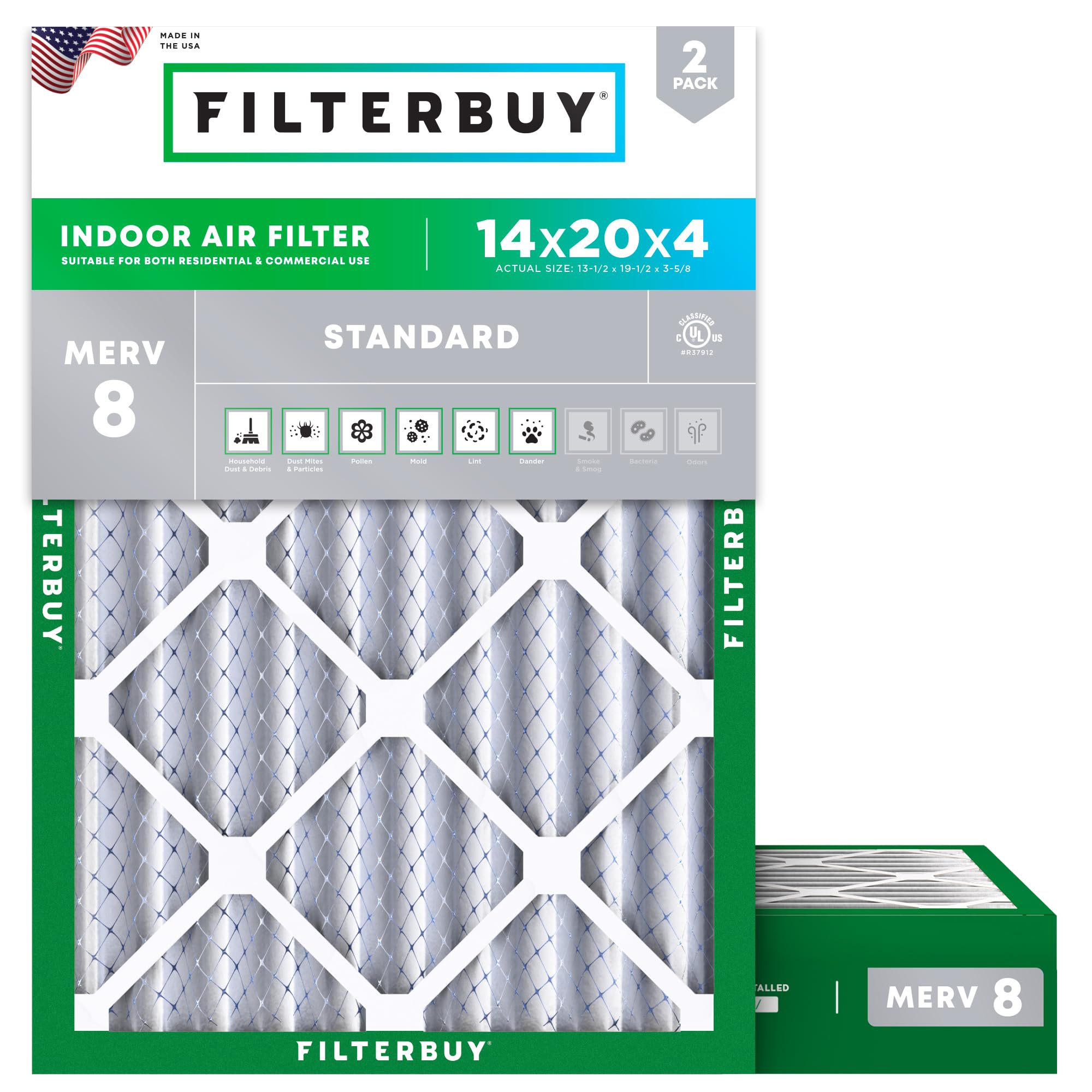 Filterbuy 14x20x4 Air Filter MERV 8 Dust &amp; Allergy Defense (2-Pack)